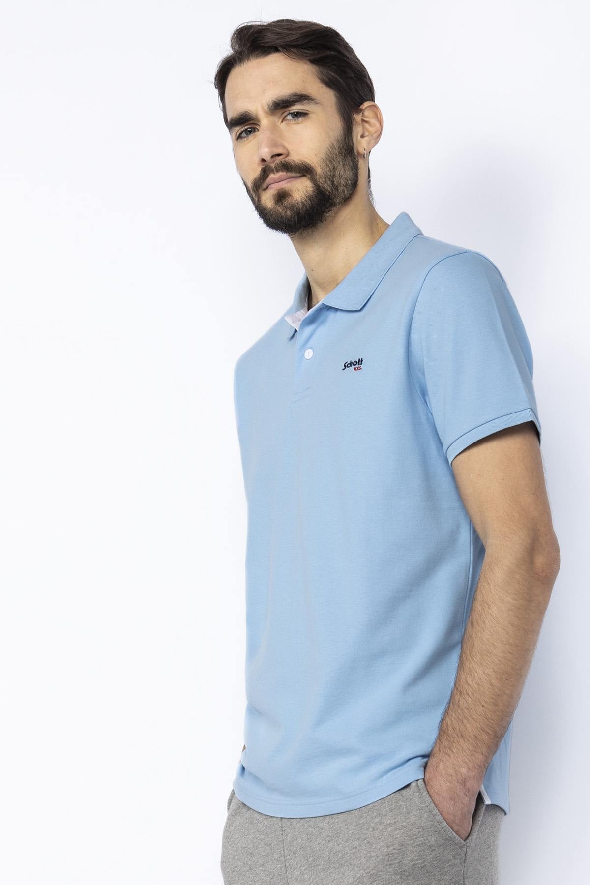 Sky blue and white cotton polo shirt - Image n°1