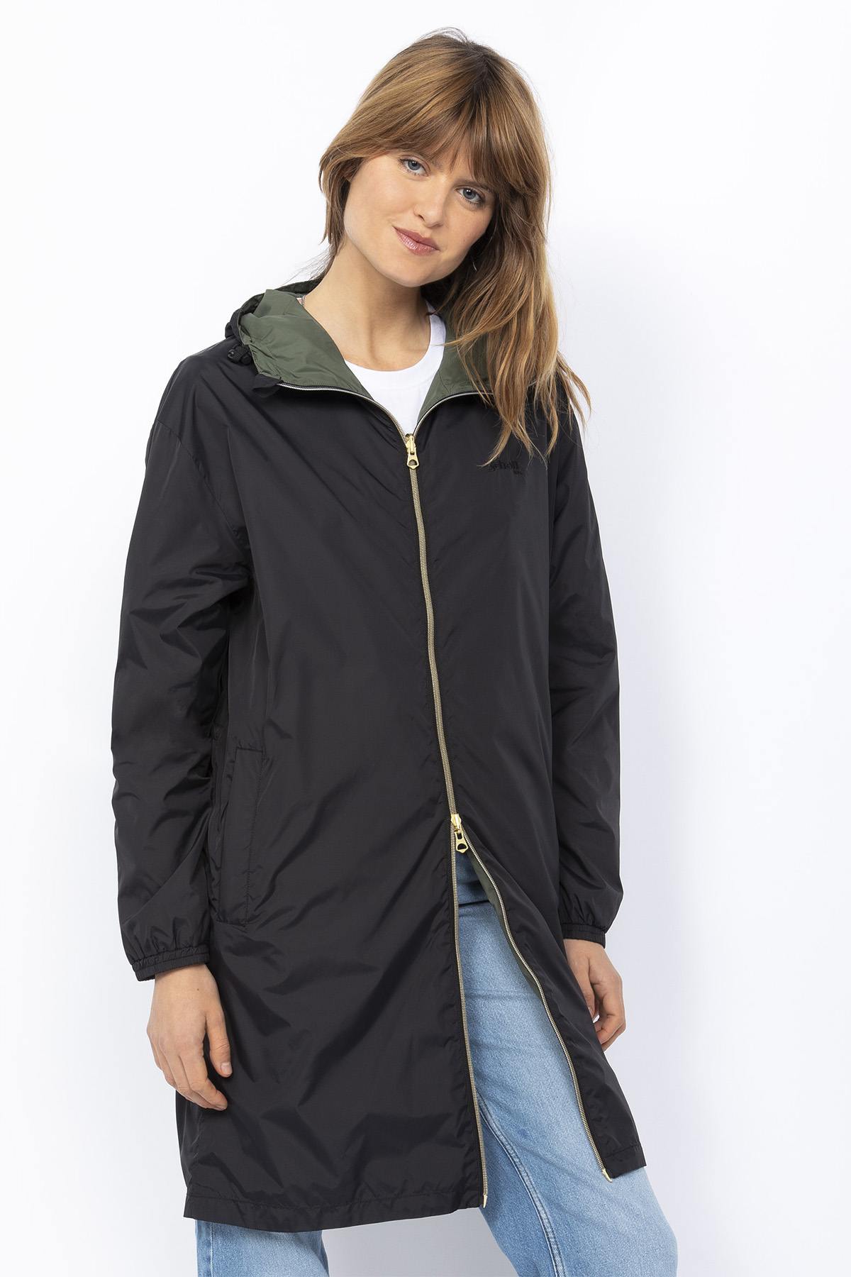 Long reversible black and sage khaki jacket - Image n°1