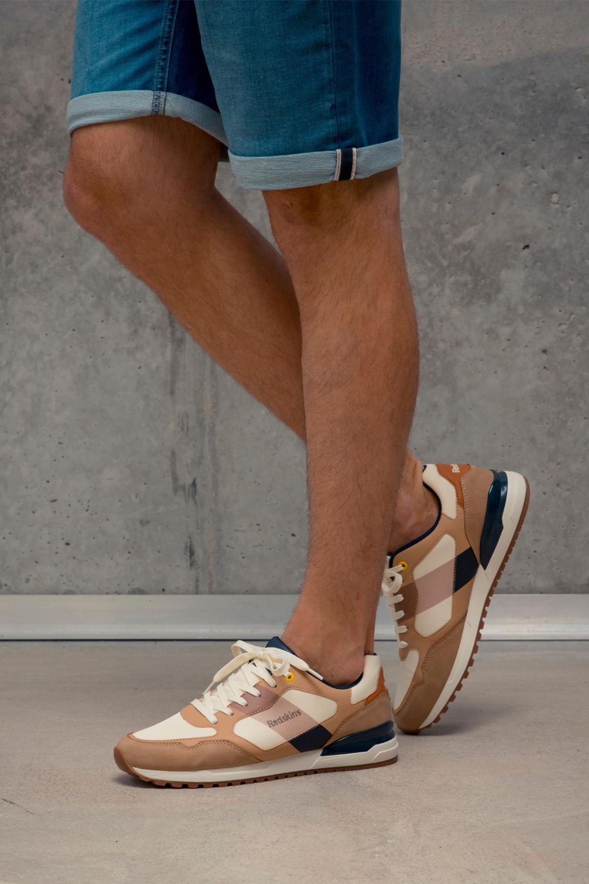 Beige, cognac and navy canvas sneakers - Image n°2