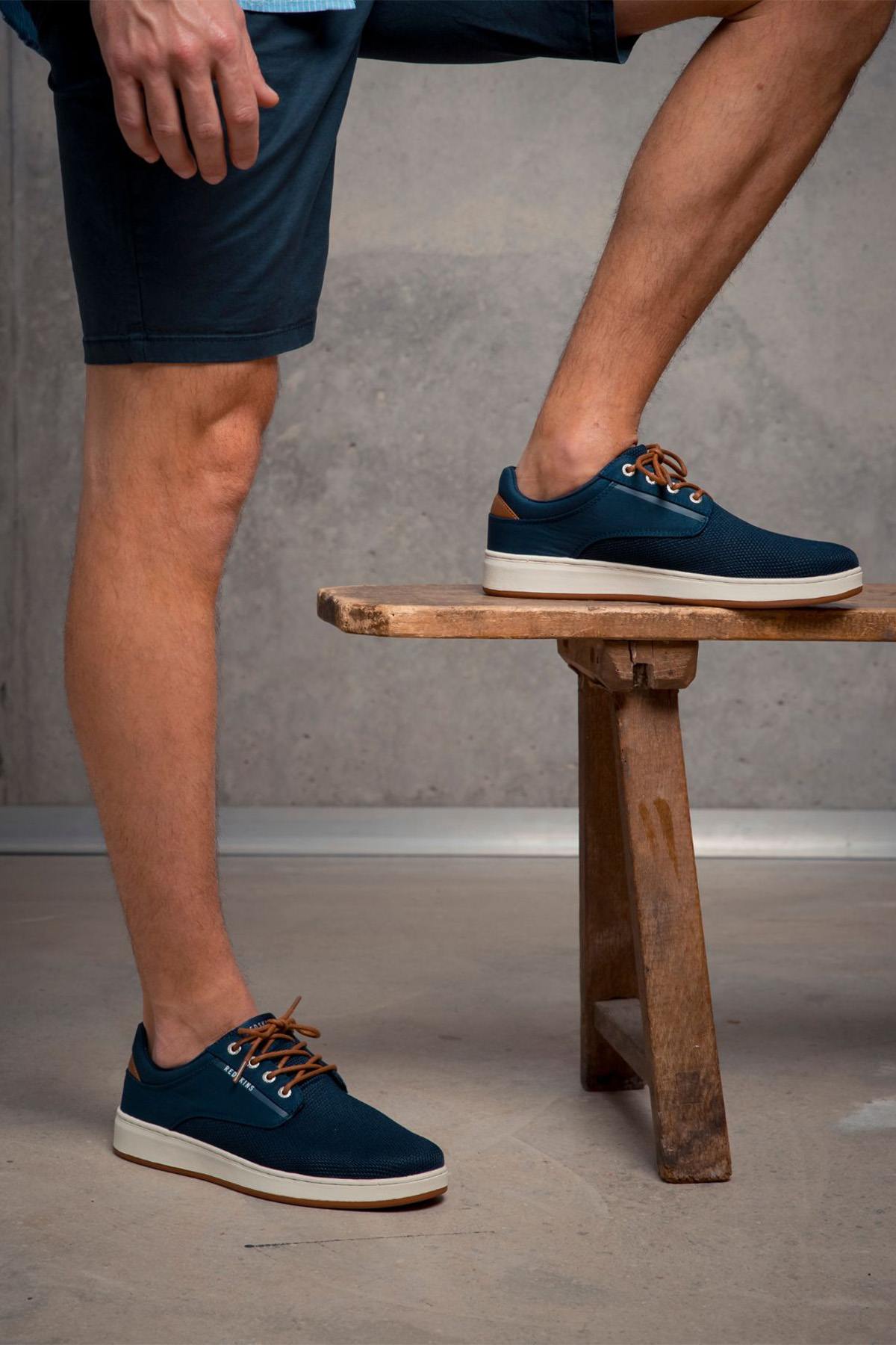 Navy blue and cognac textile sneakers - Image n°1