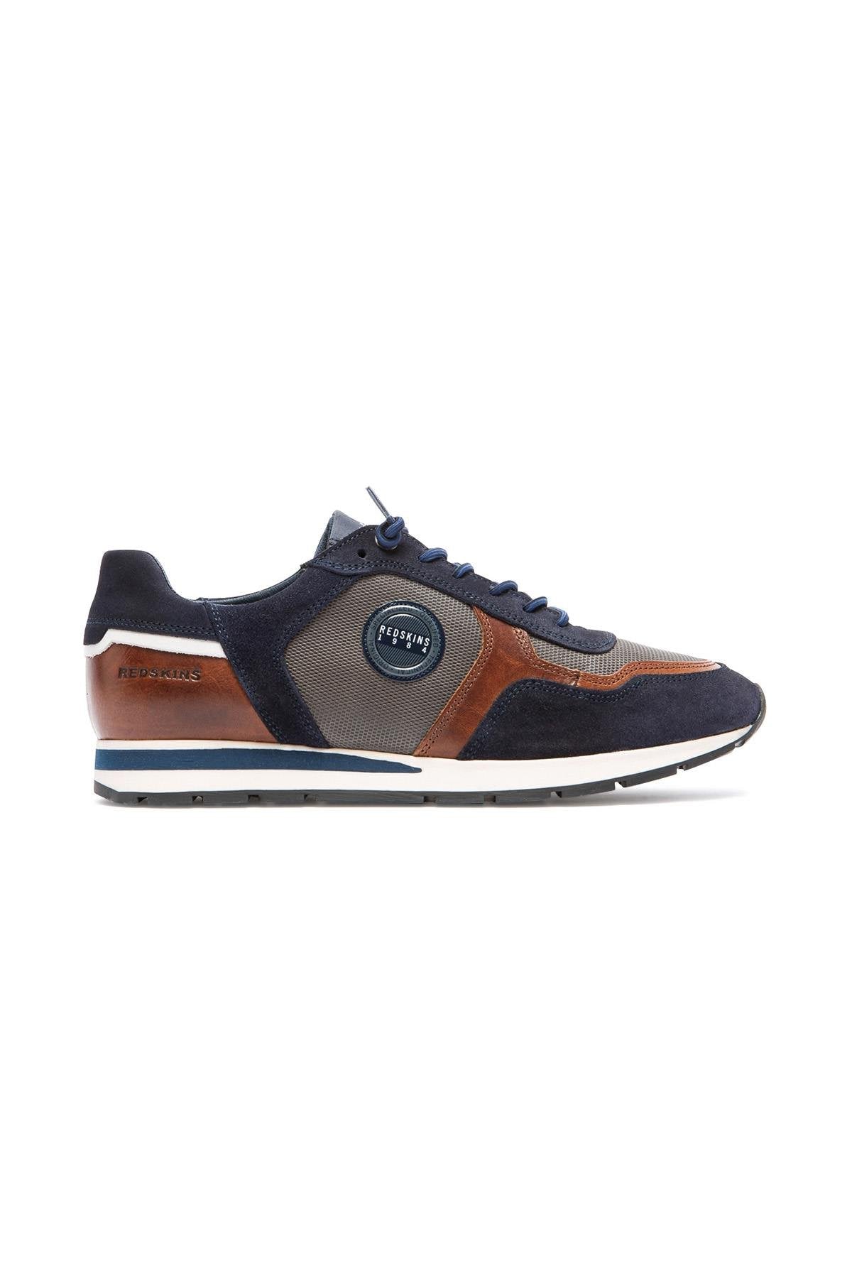 Sneakers in smooth cognac leather and navy blue suede leather - Image n°4