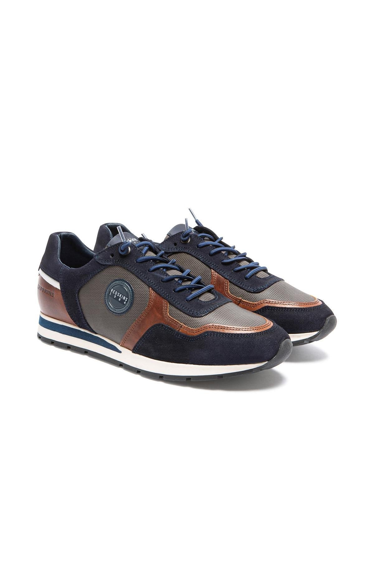 Sneakers in smooth cognac leather and navy blue suede leather - Image n°1