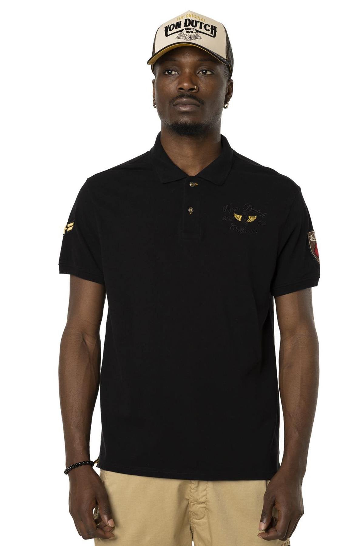 Embroidered black cotton polo shirt - Image n°1