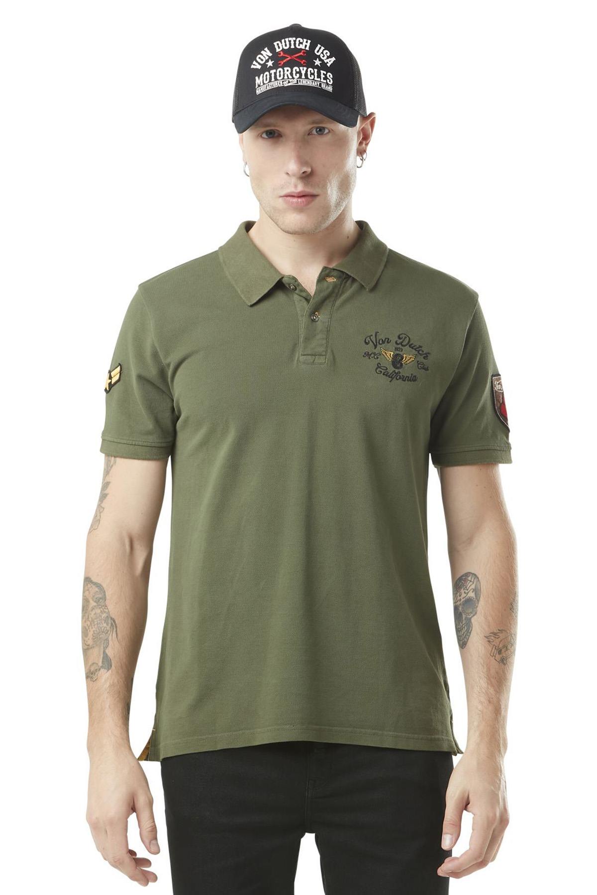 Embroidered khaki cotton polo shirt - Image n°1