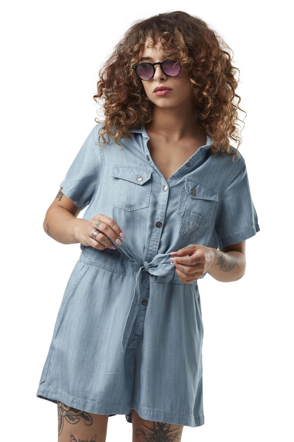 Light denim effect short-sleeved playsuit - Image n°1