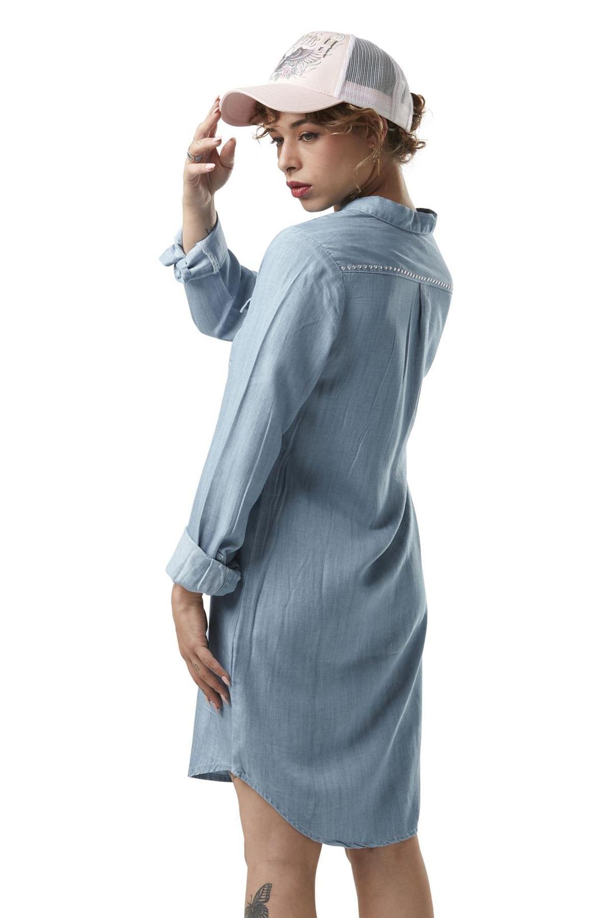 Light denim effect long-sleeved shirt dress - Image n°2