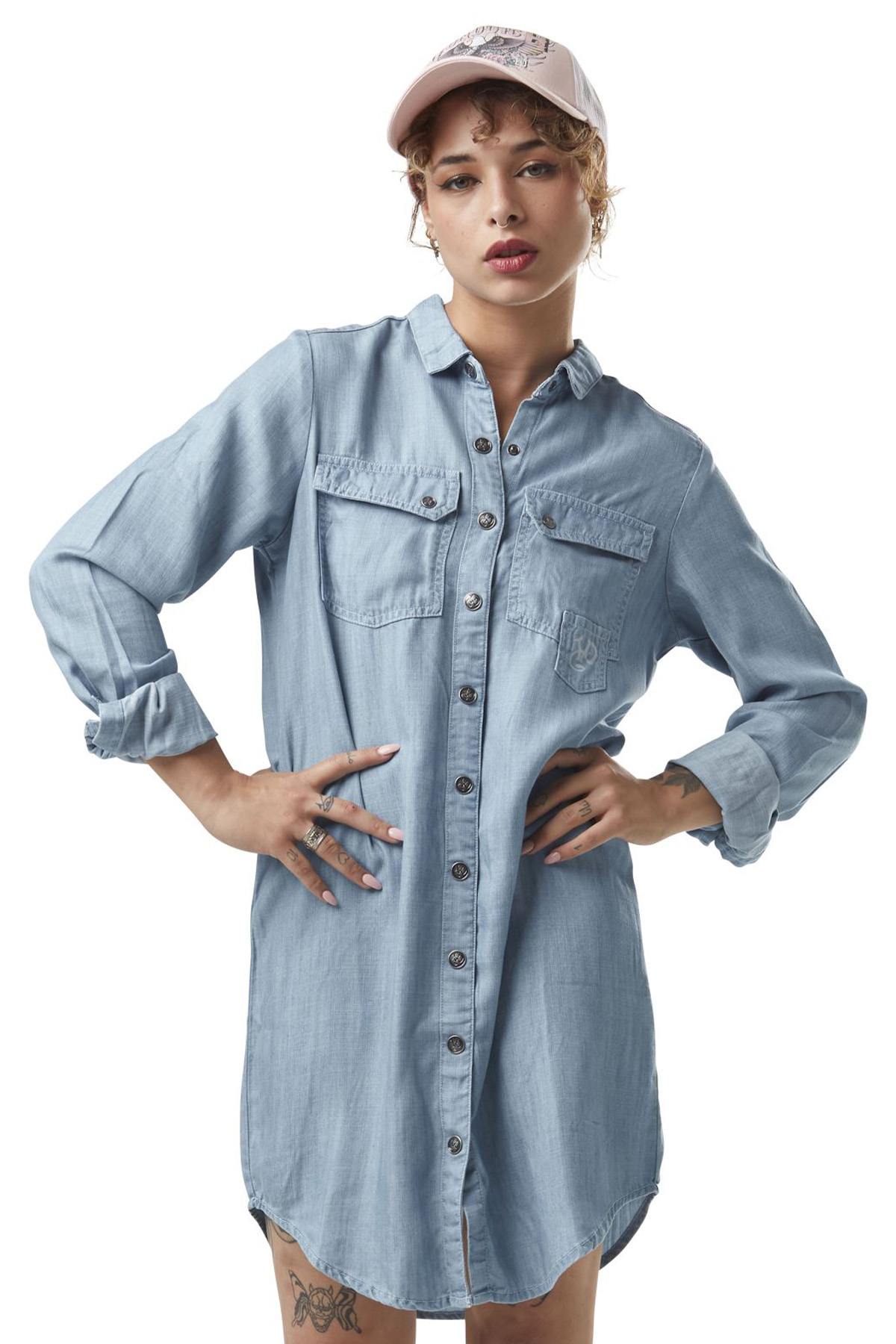 Light denim effect long-sleeved shirt dress - Image n°1