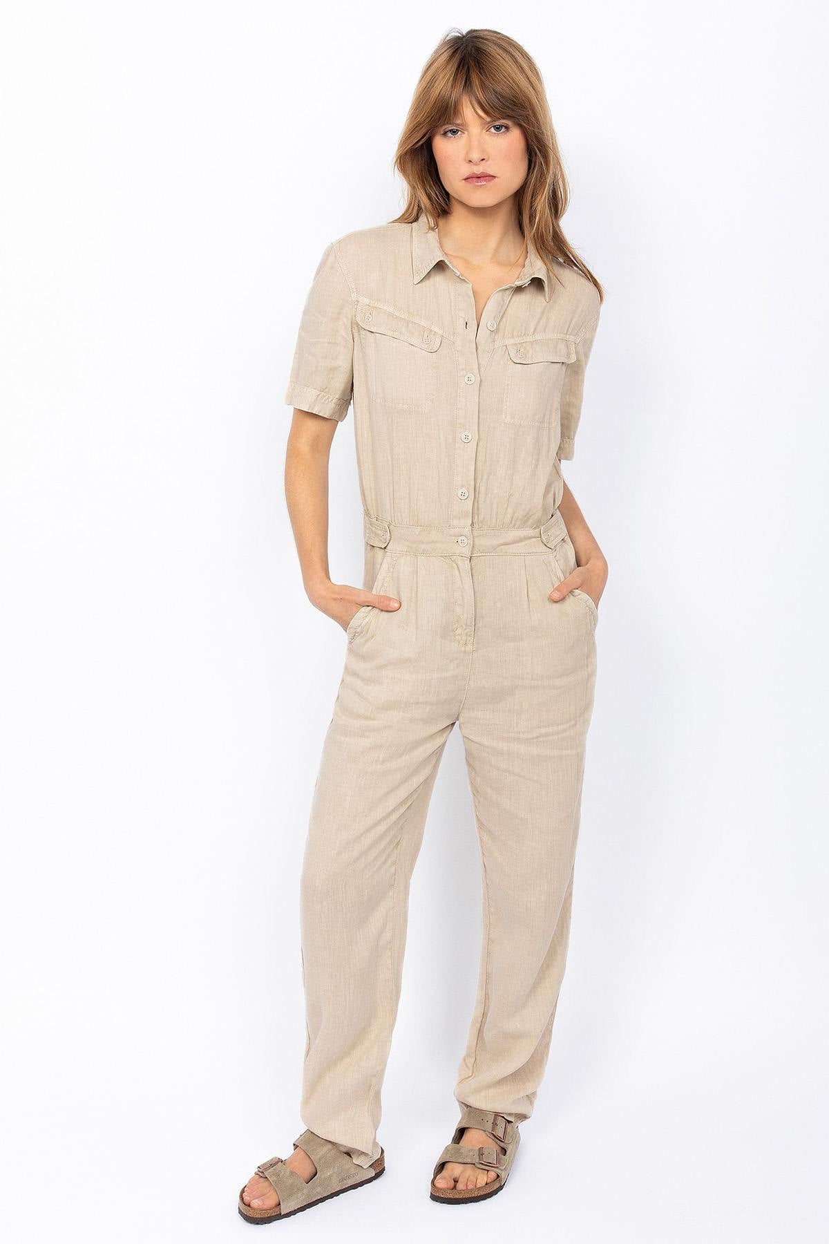 Short-sleeved linen jumpsuit - Image n°1