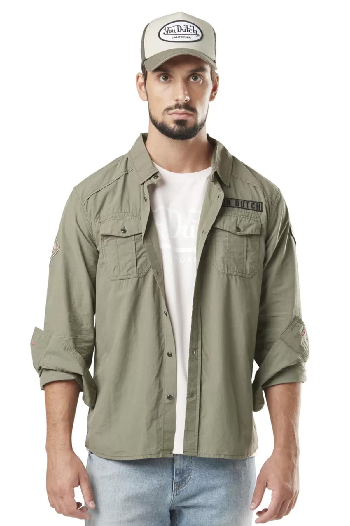 Khaki long-sleeved cotton shirt - Image n°1