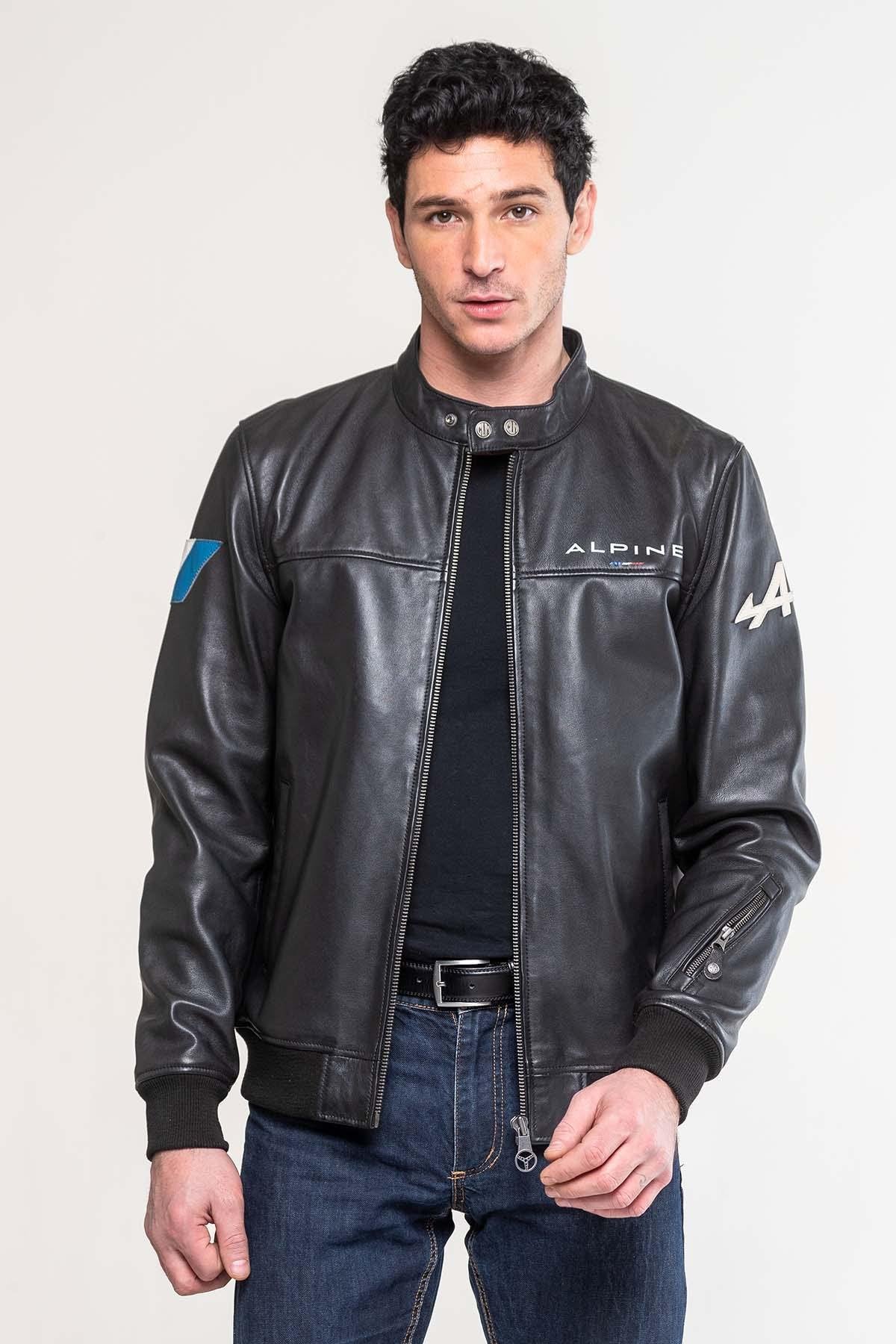 Alpine Men's black leather jacket with biker collar - Image n°1