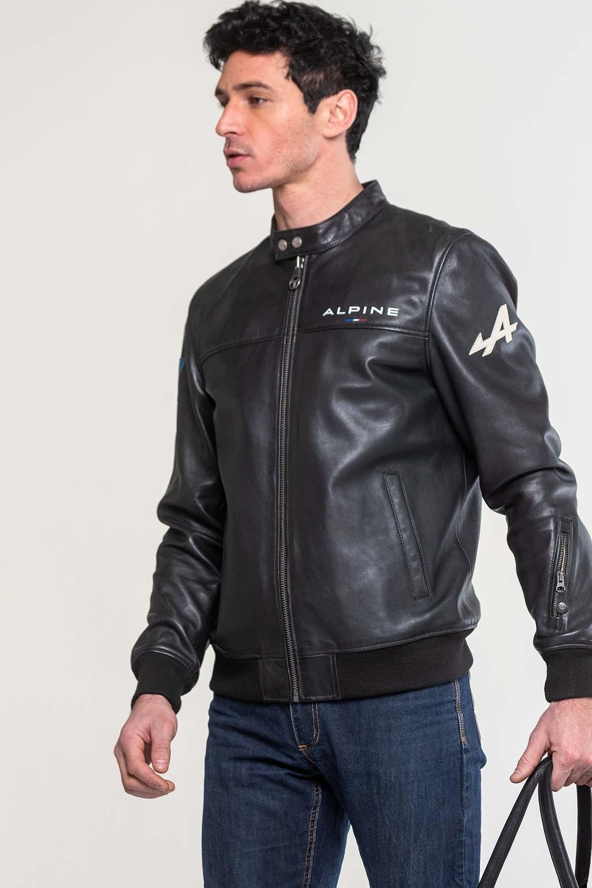 Alpine Men's black leather jacket with biker collar - Image n°2