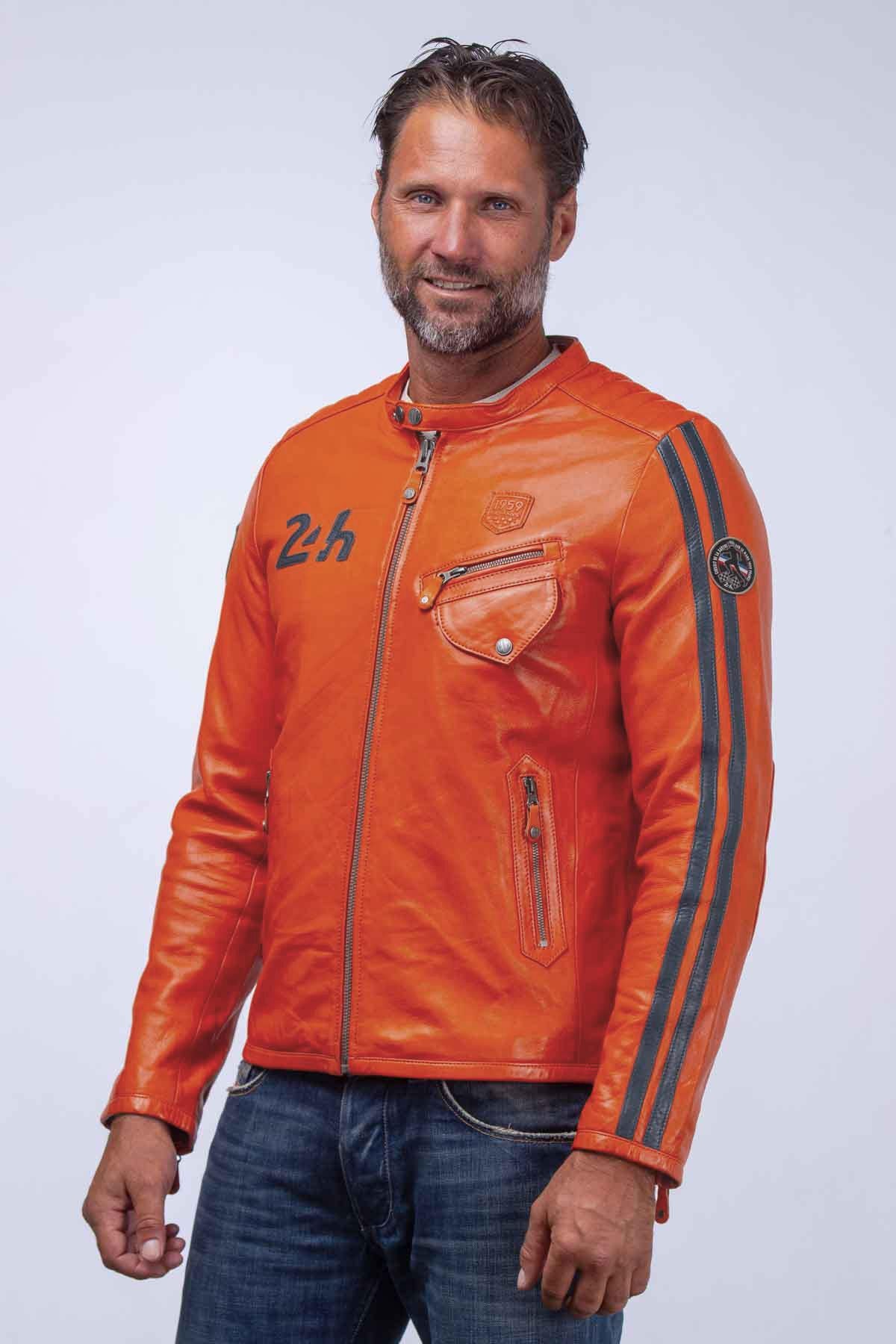 Orange racing biker collar leather jacket - Image n°3