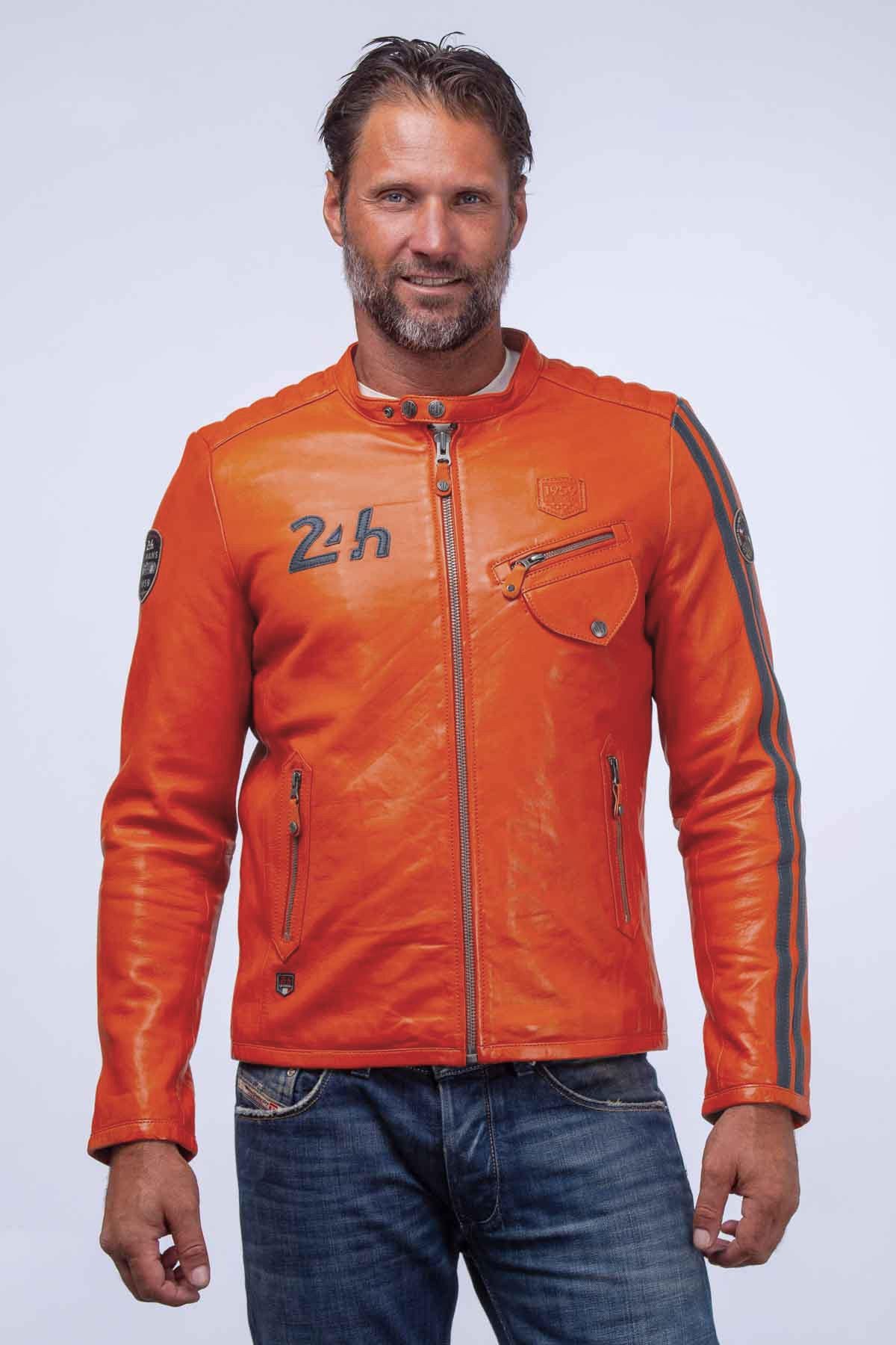 Orange racing biker collar leather jacket - Image n°2