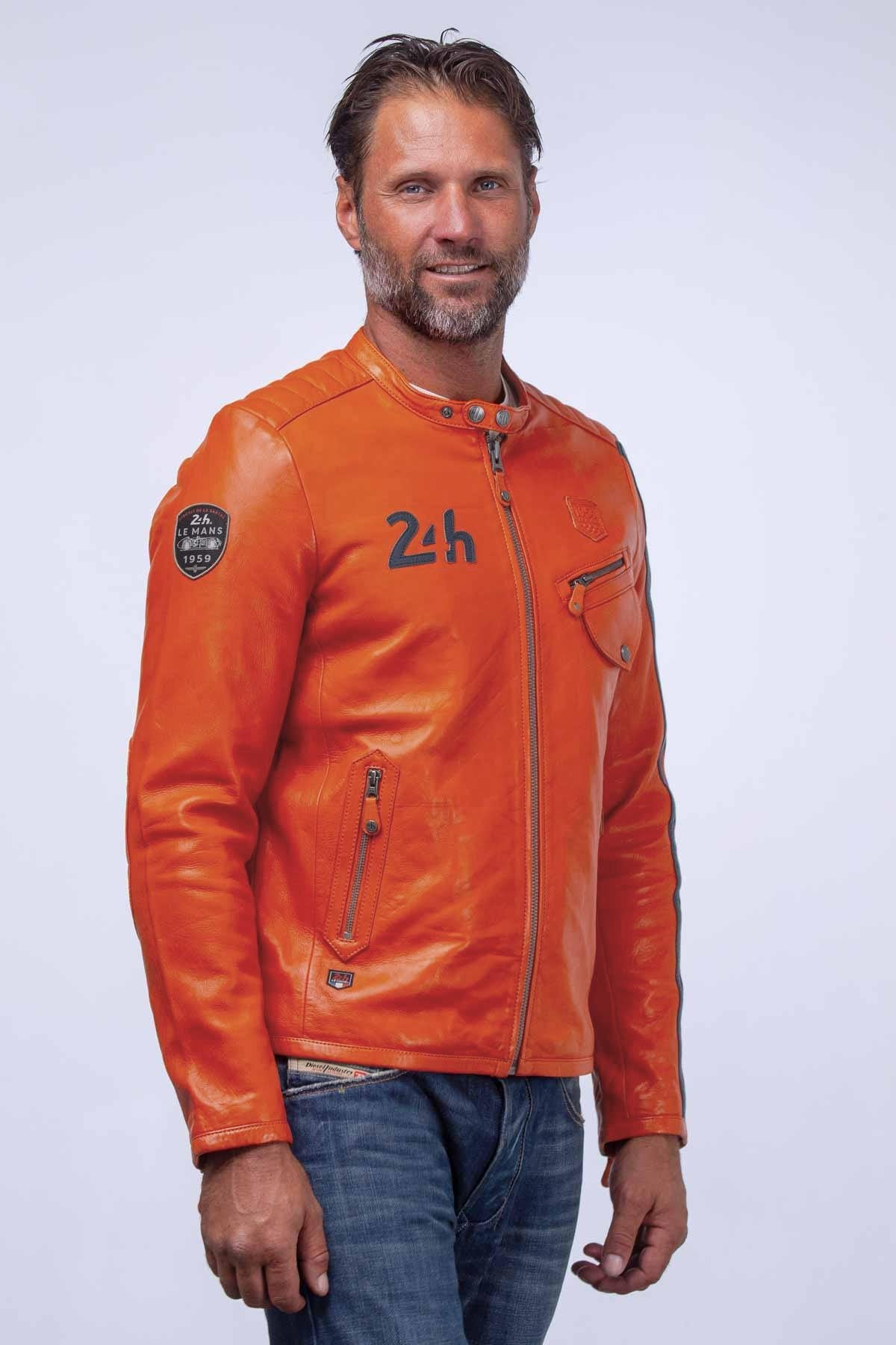 Orange racing biker collar leather jacket - Image n°7