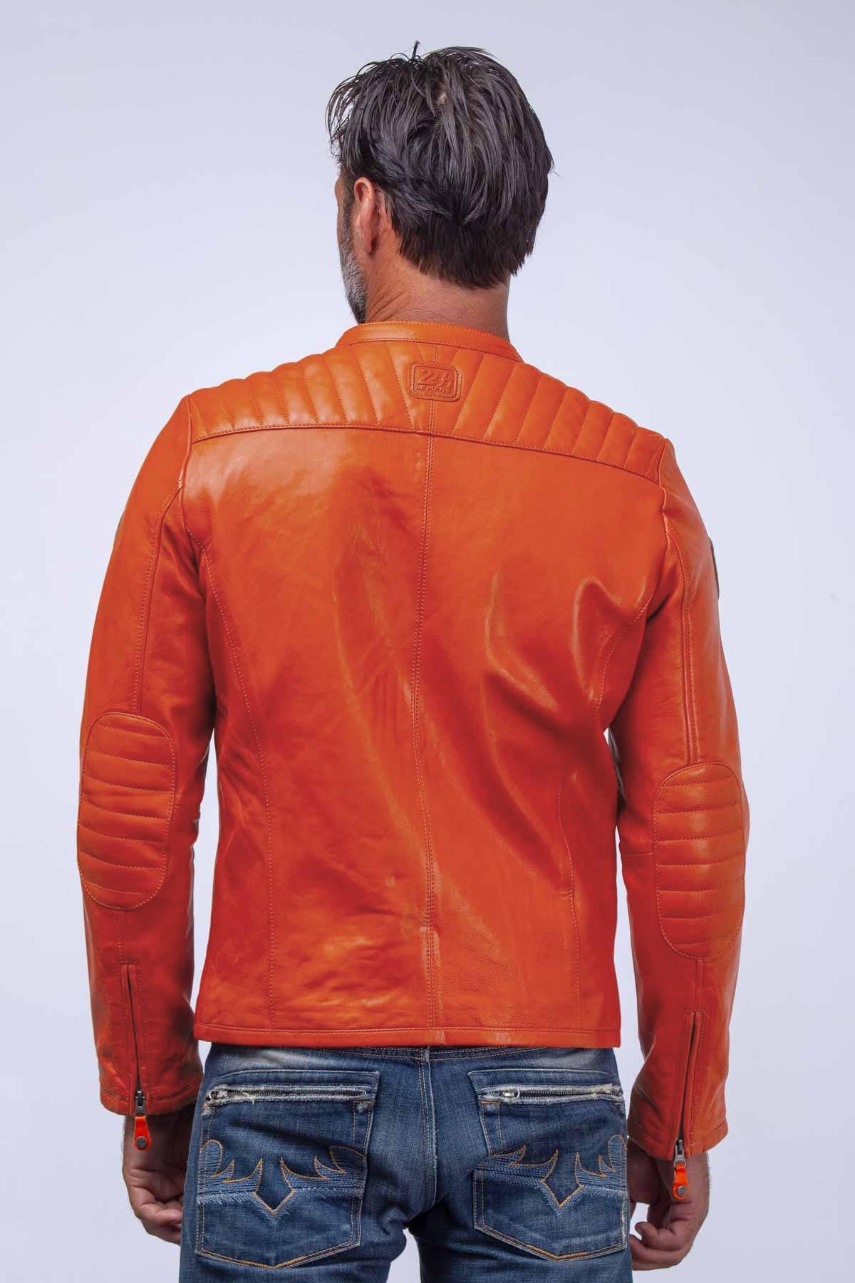 Orange racing biker collar leather jacket - Image n°4