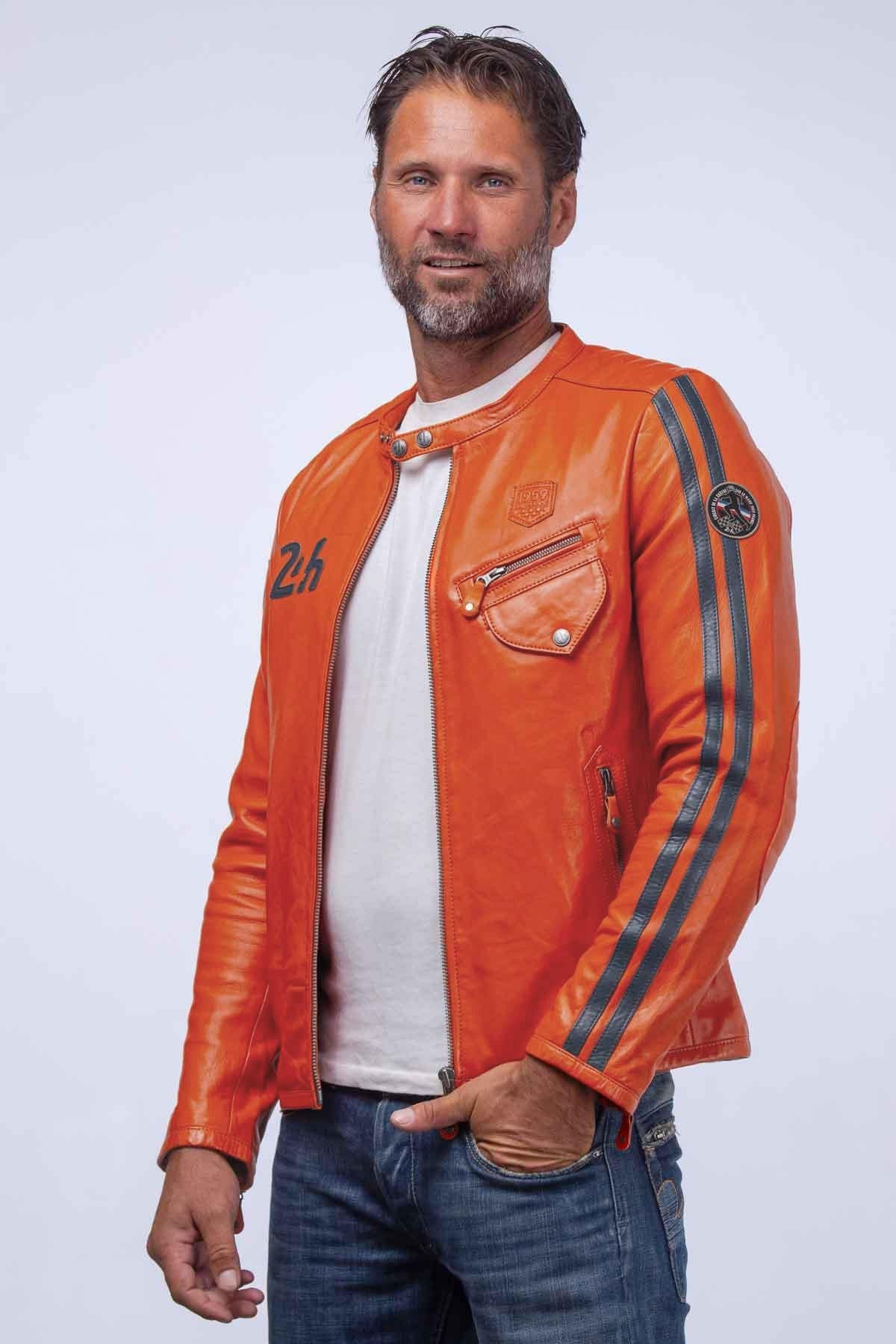 Orange racing biker collar leather jacket - Image n°1