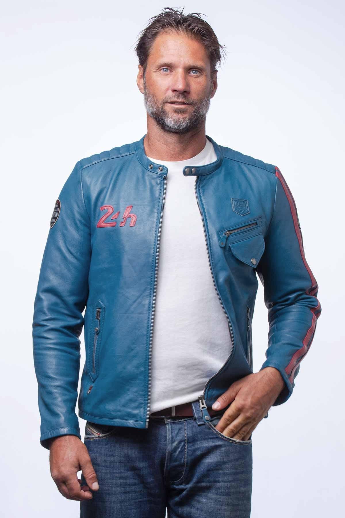 Ocean blue racing biker collar leather jacket - Image n°1