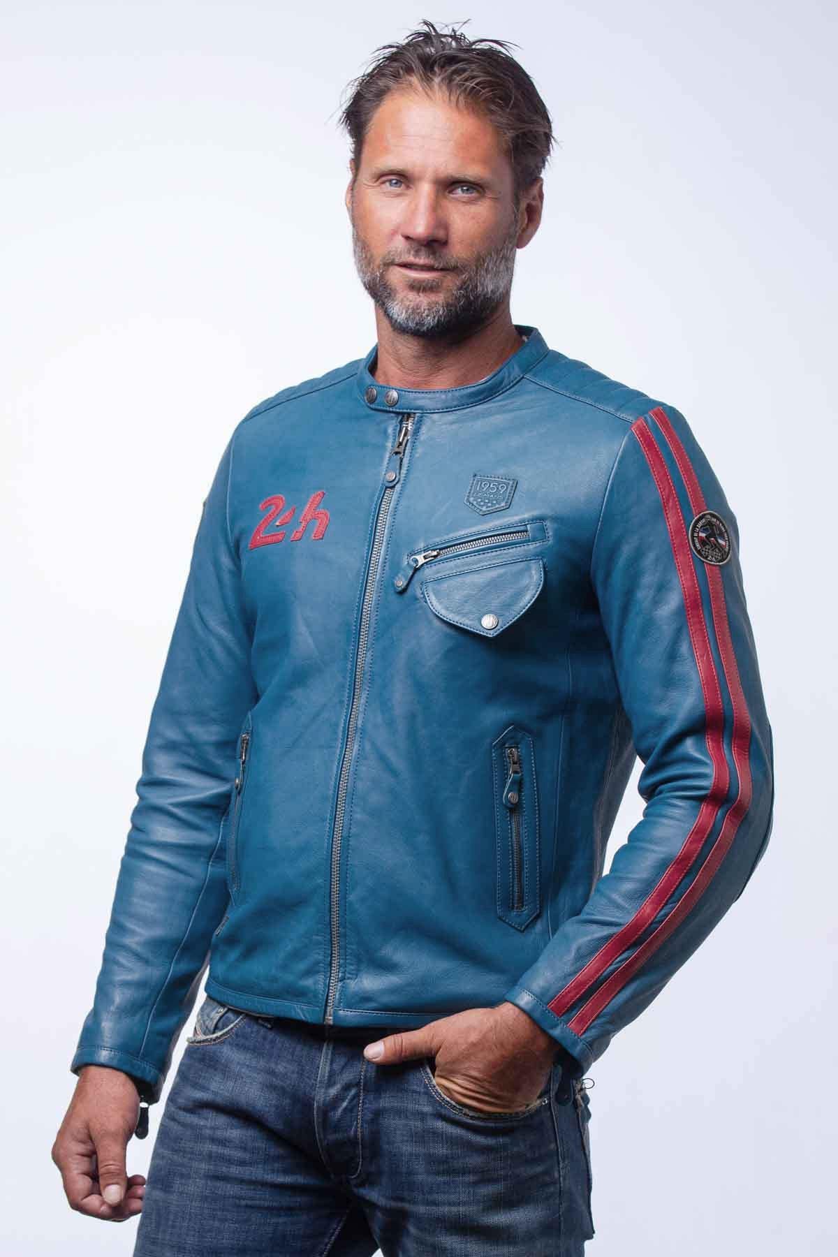 Ocean blue racing biker collar leather jacket - Image n°3