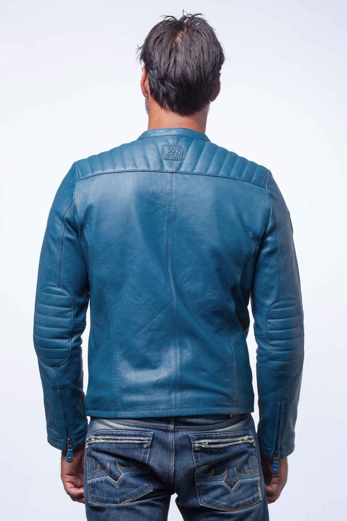 Ocean blue racing biker collar leather jacket - Image n°2