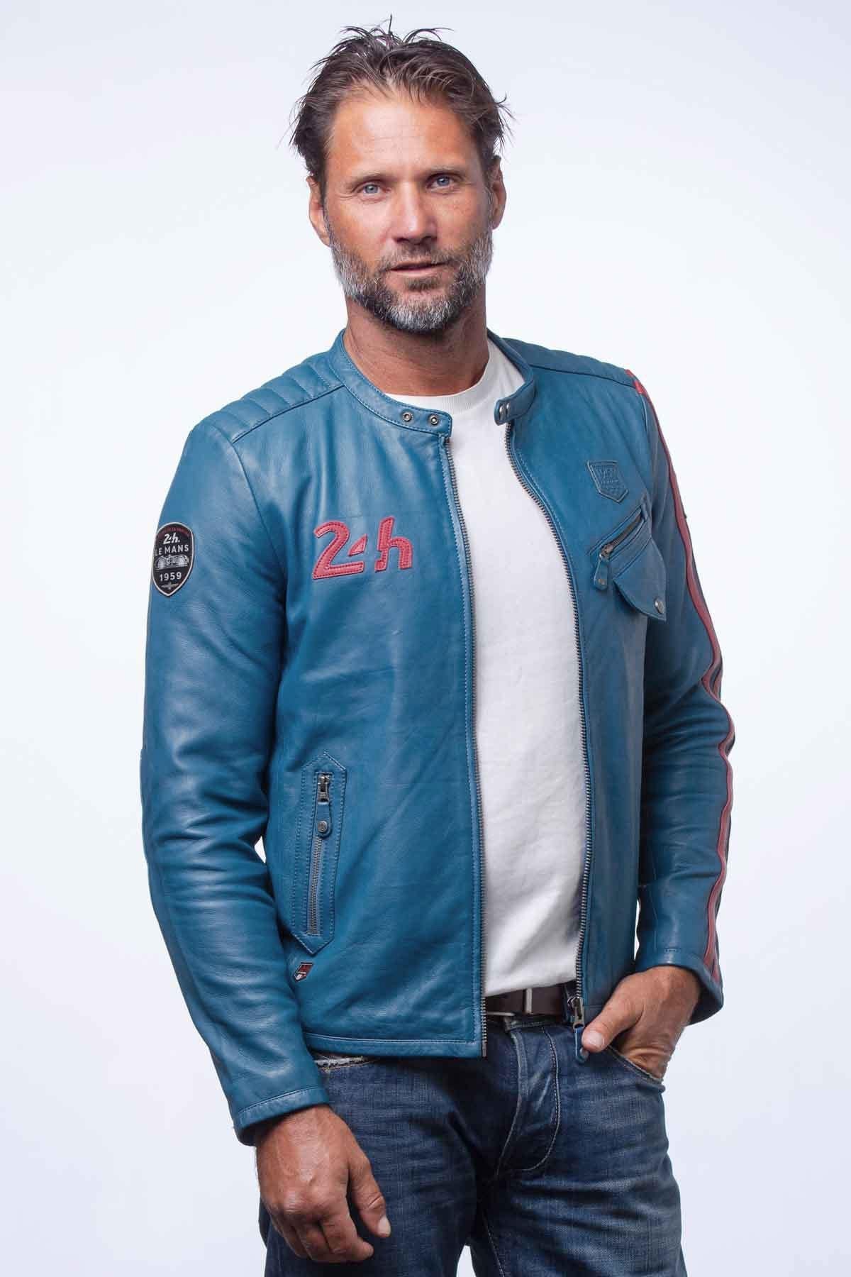 Ocean blue racing biker collar leather jacket - Image n°6