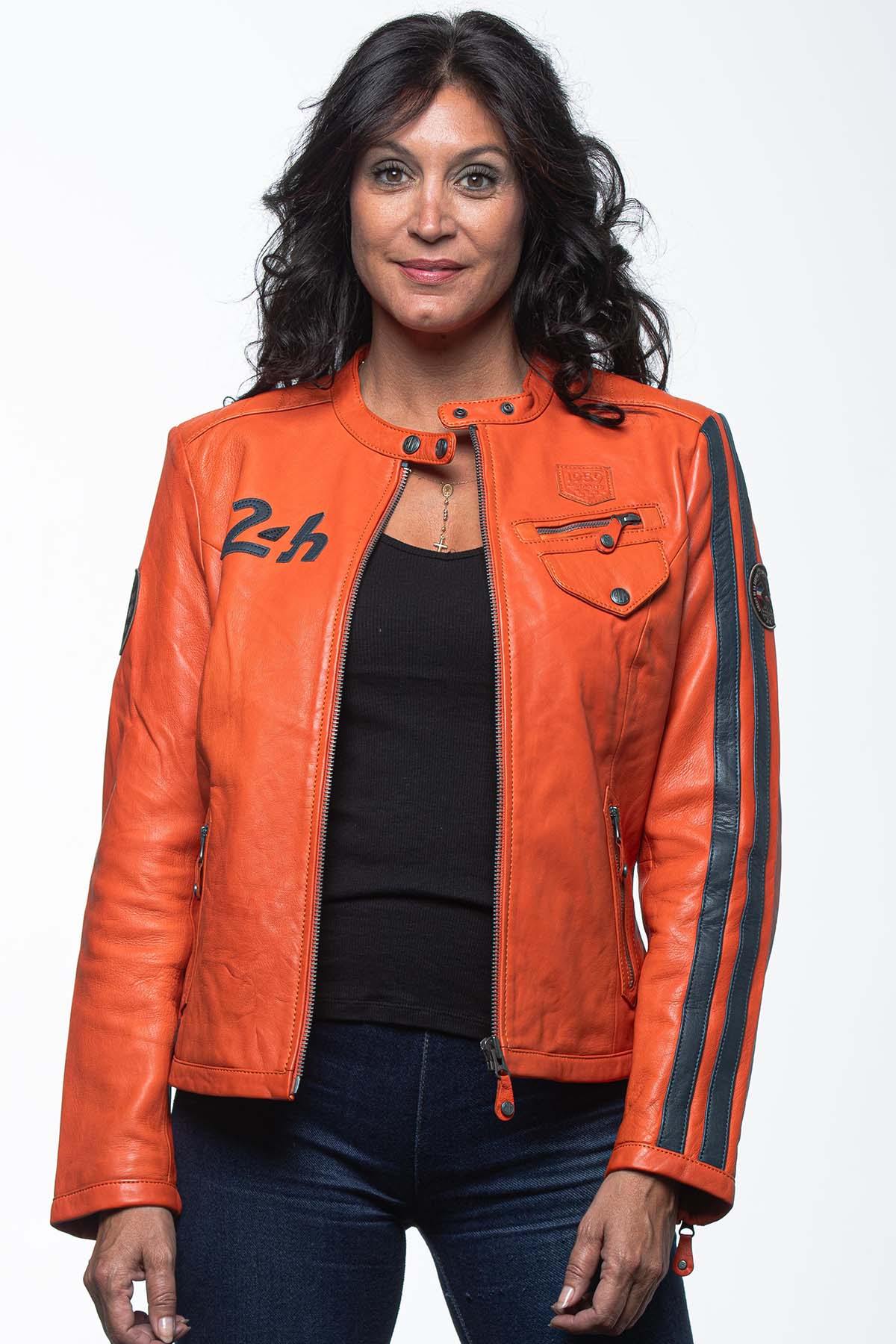 Orange racing leather jacket for women - Image n°4