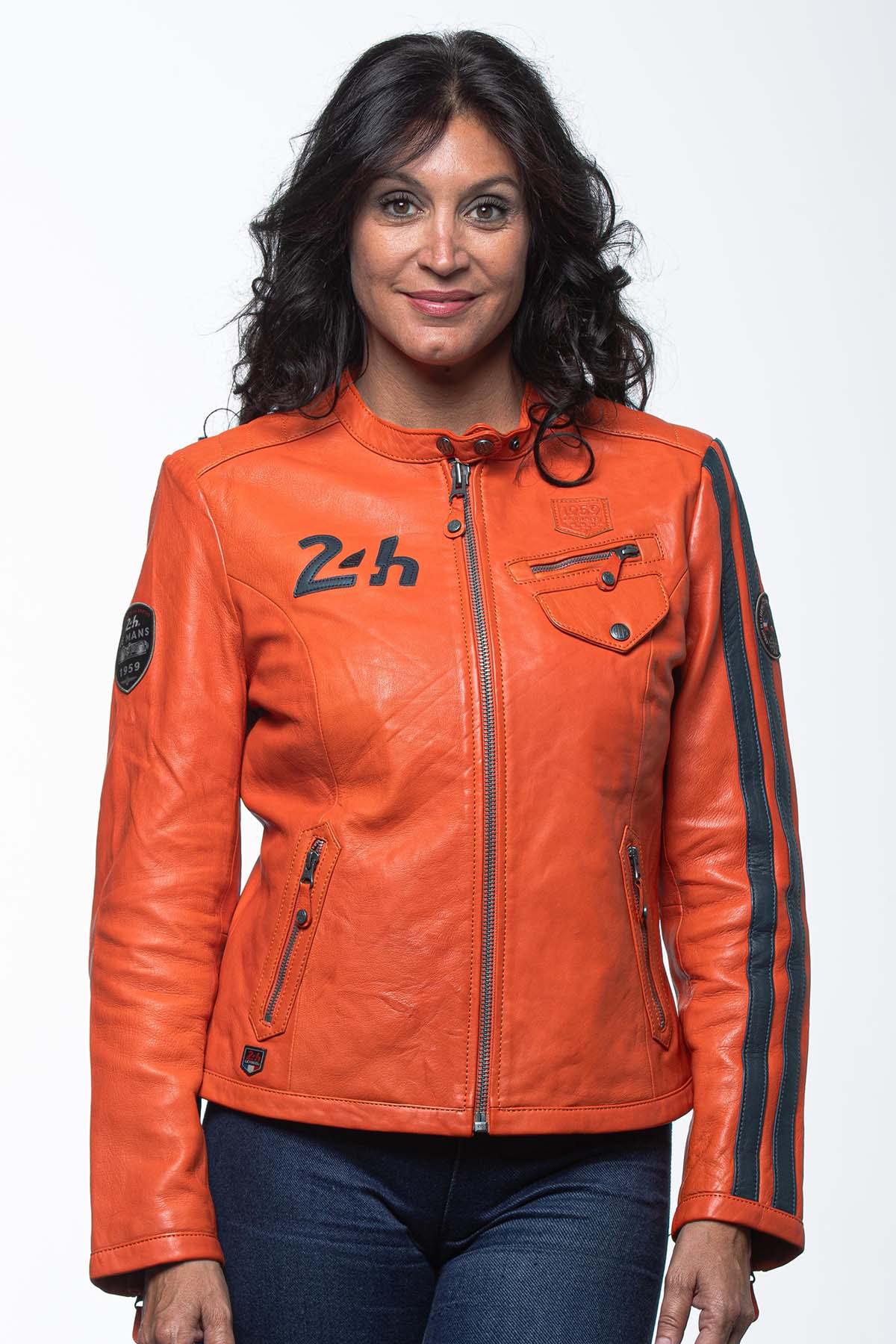 Orange racing leather jacket for women - Image n°1