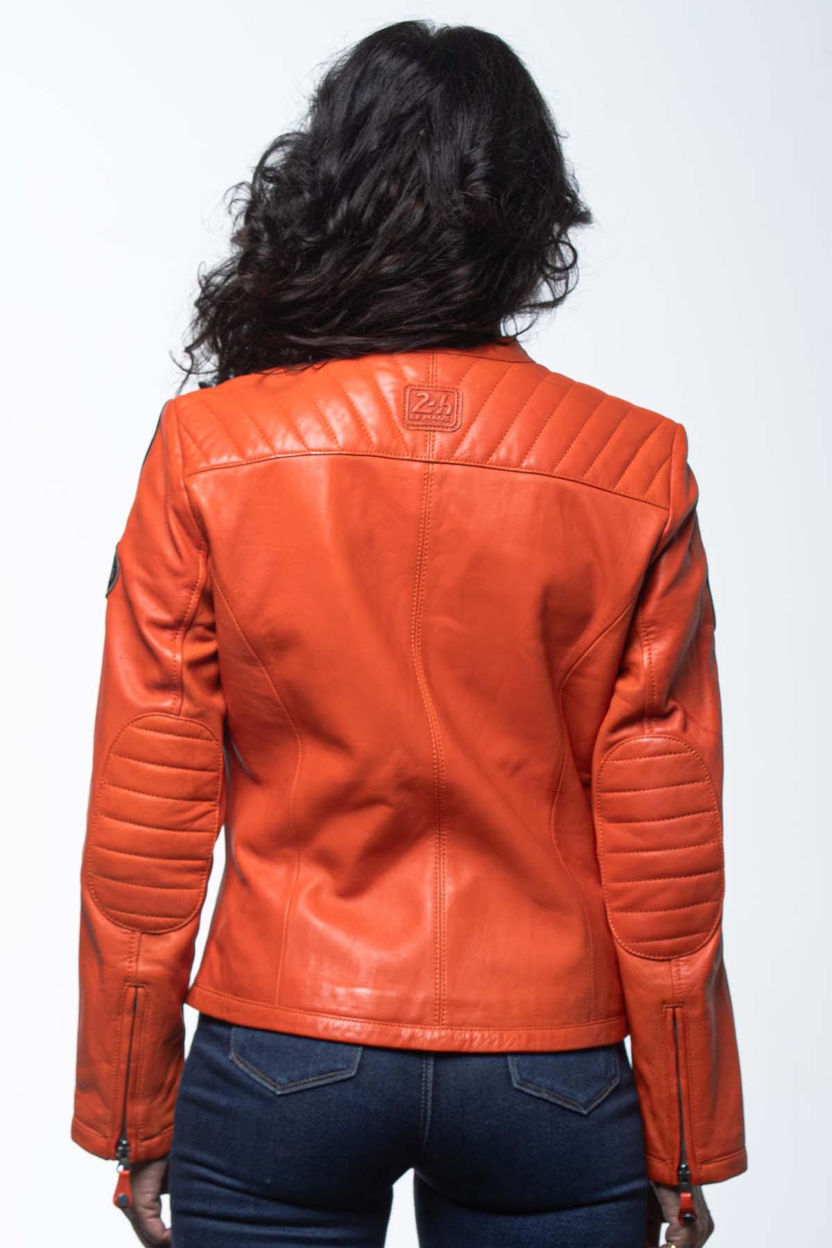 Orange racing leather jacket for women - Image n°3