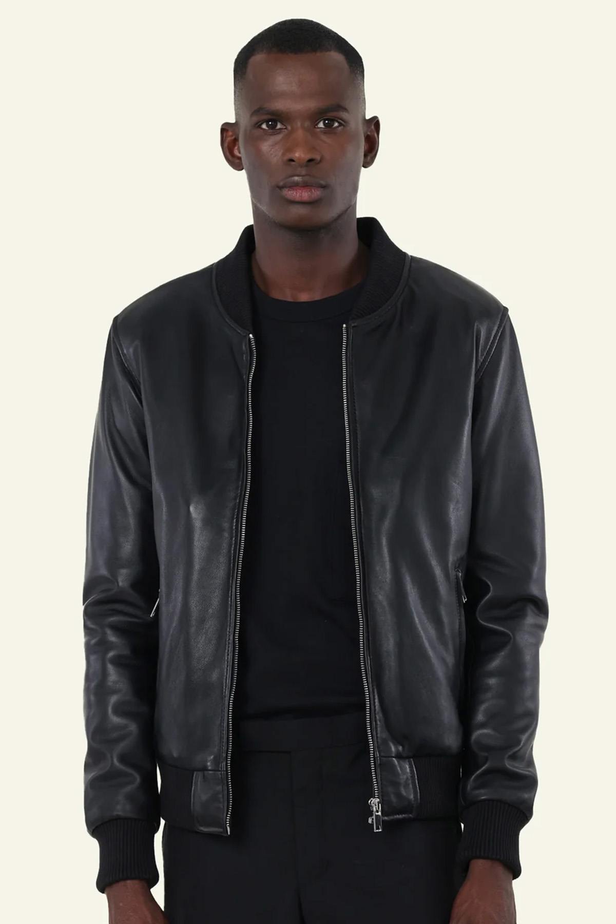 Black leather bomber jacket for men - Image n°1