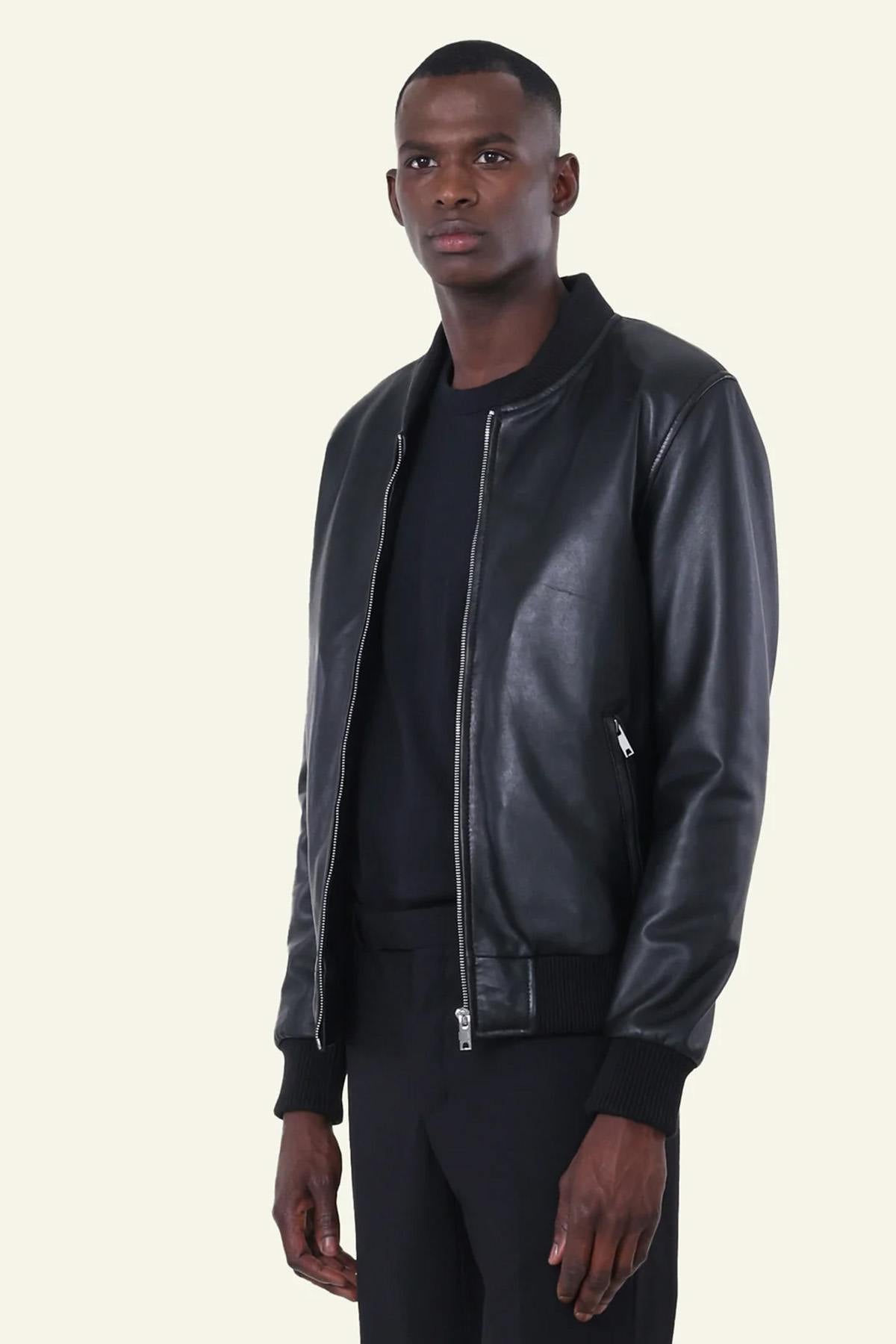 Black leather bomber jacket for men - Image n°7