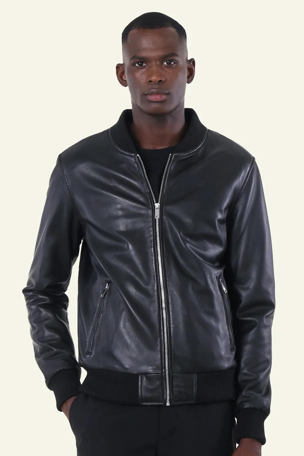 Black leather bomber jacket for men - Image n°6