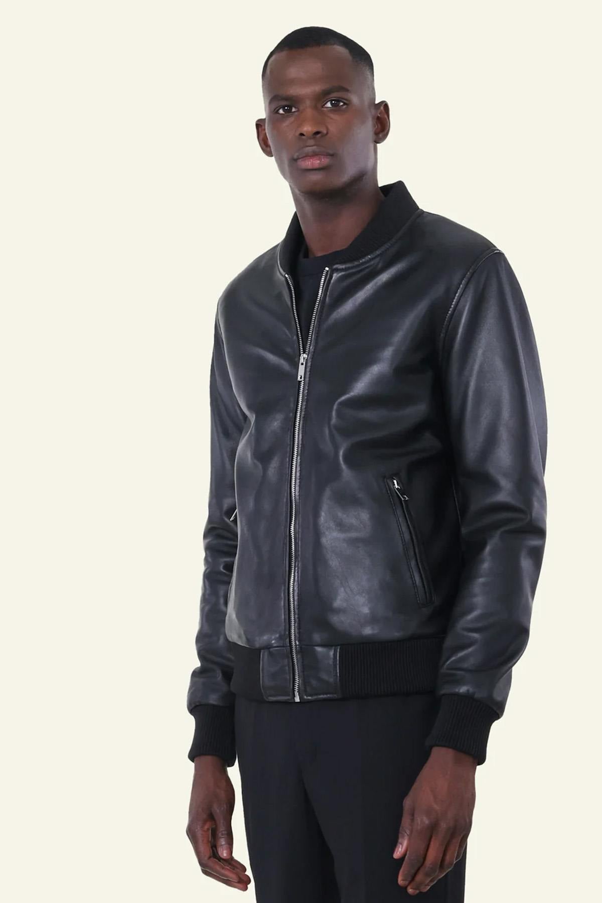 Black leather bomber jacket for men - Image n°2