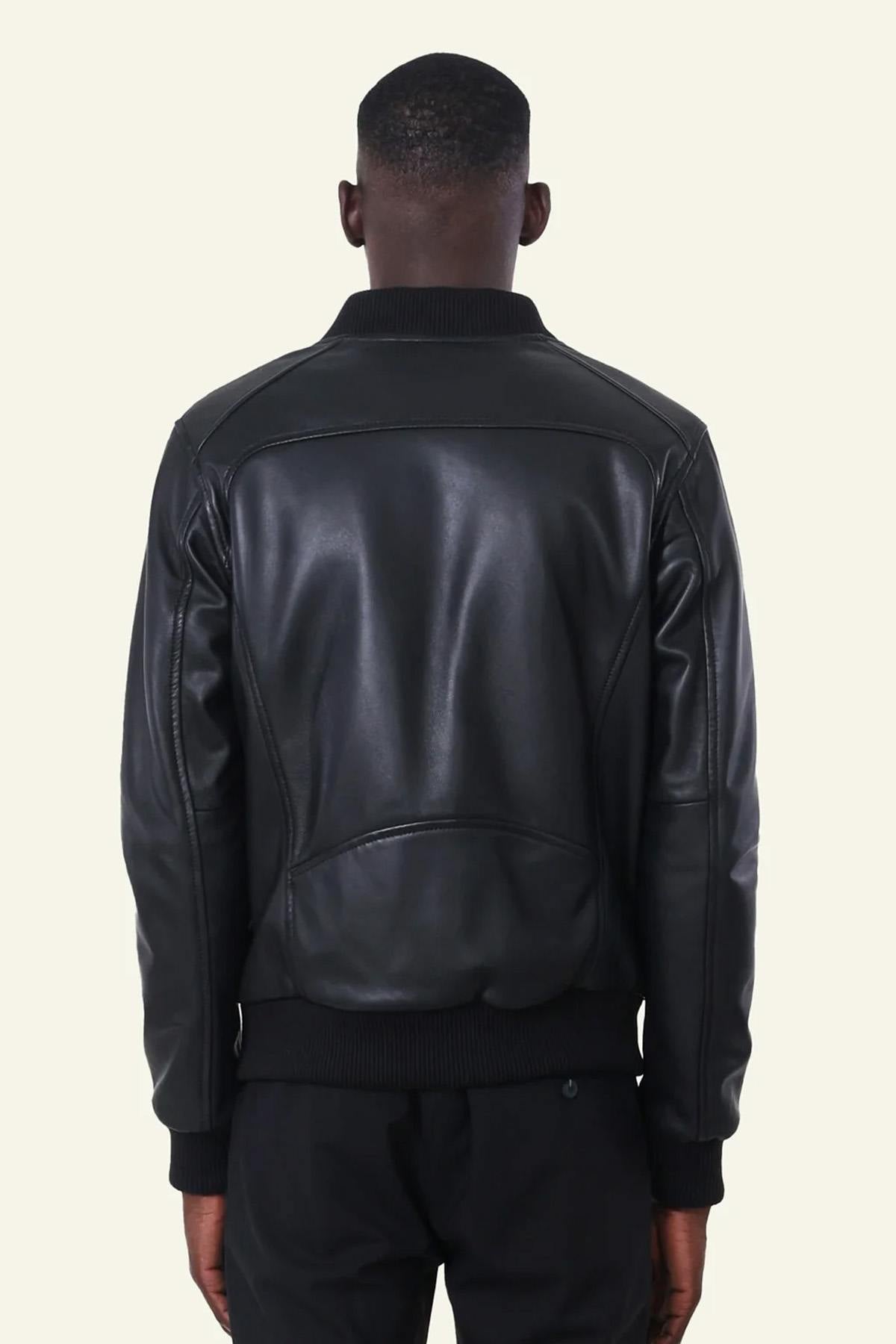 Black leather bomber jacket for men - Image n°3