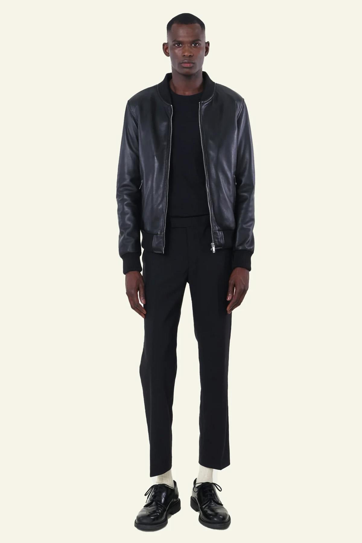 Black leather bomber jacket for men - Image n°5