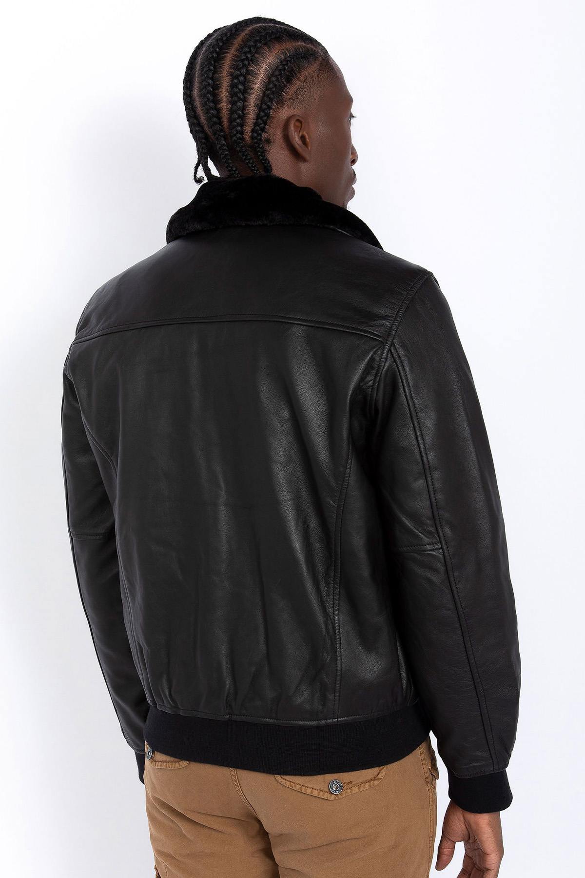 Men's black leather bomber jacket - Image n°2