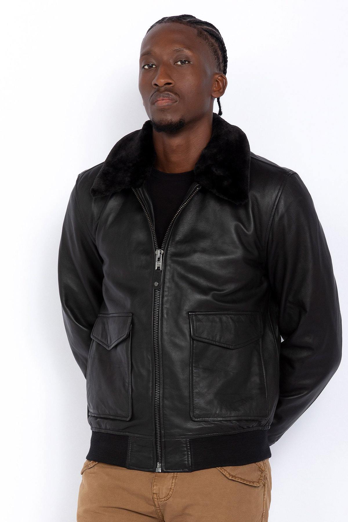 Men's black leather bomber jacket - Image n°1