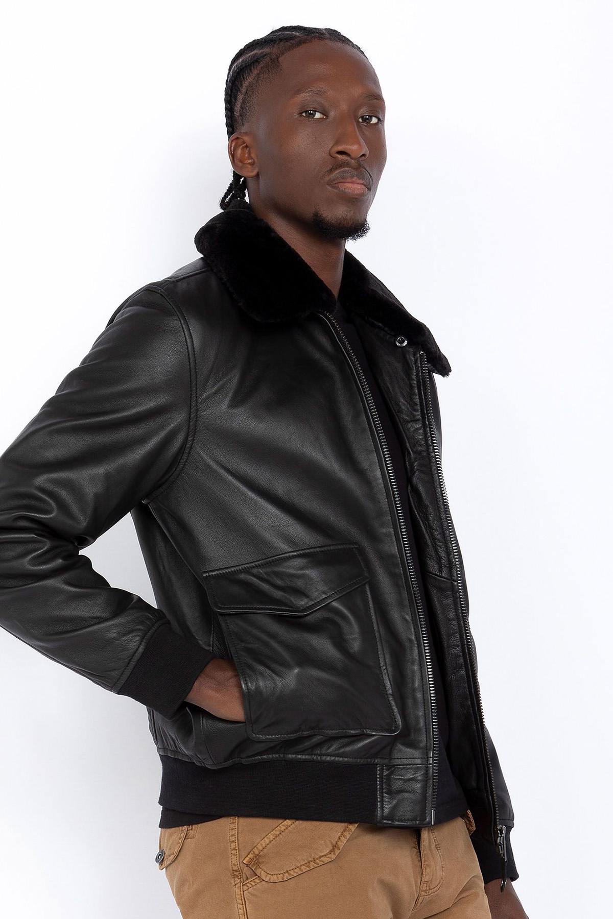 Men's black leather bomber jacket - Image n°4