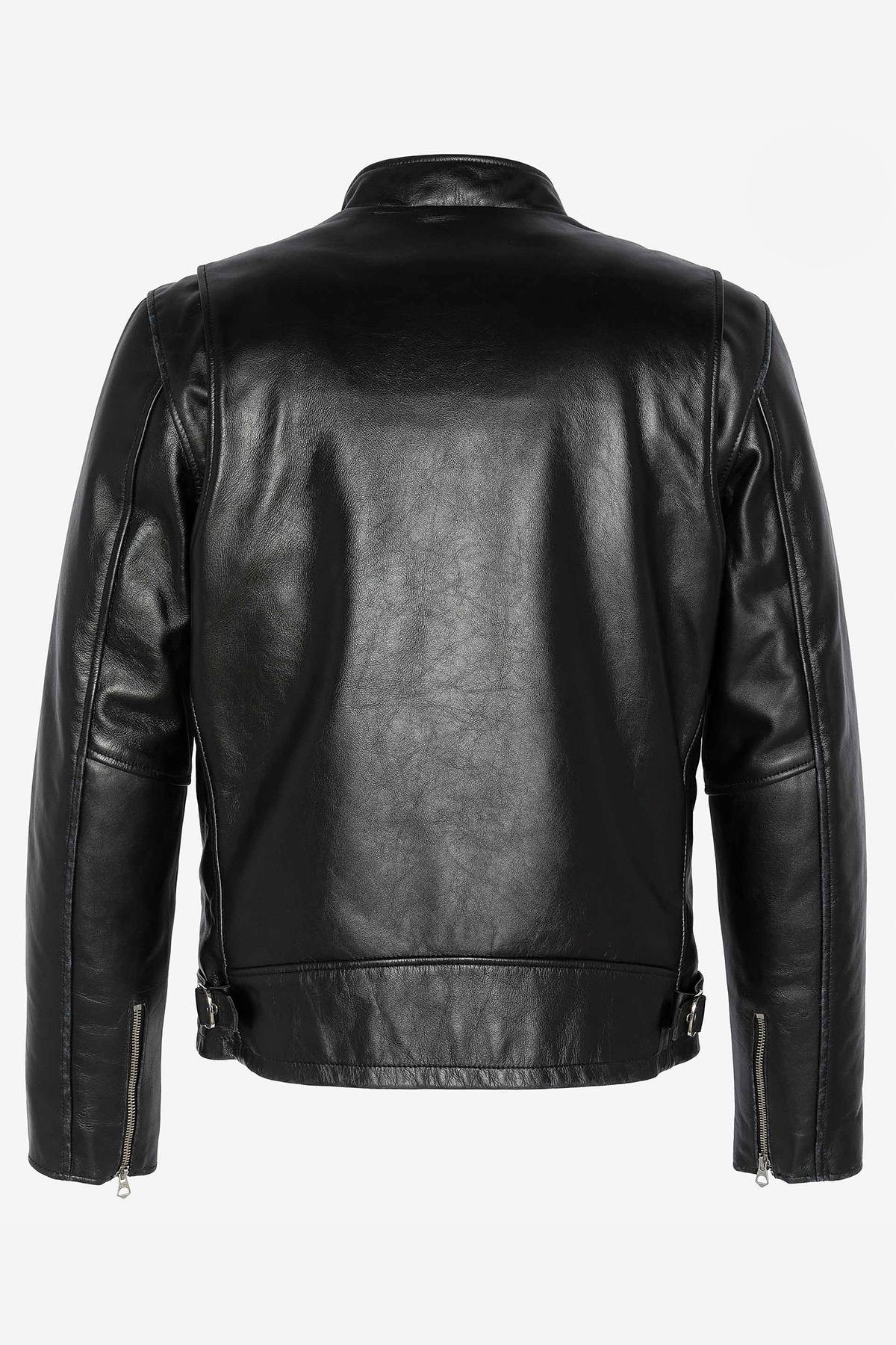 Thick black biker collar leather jacket - Image n°3