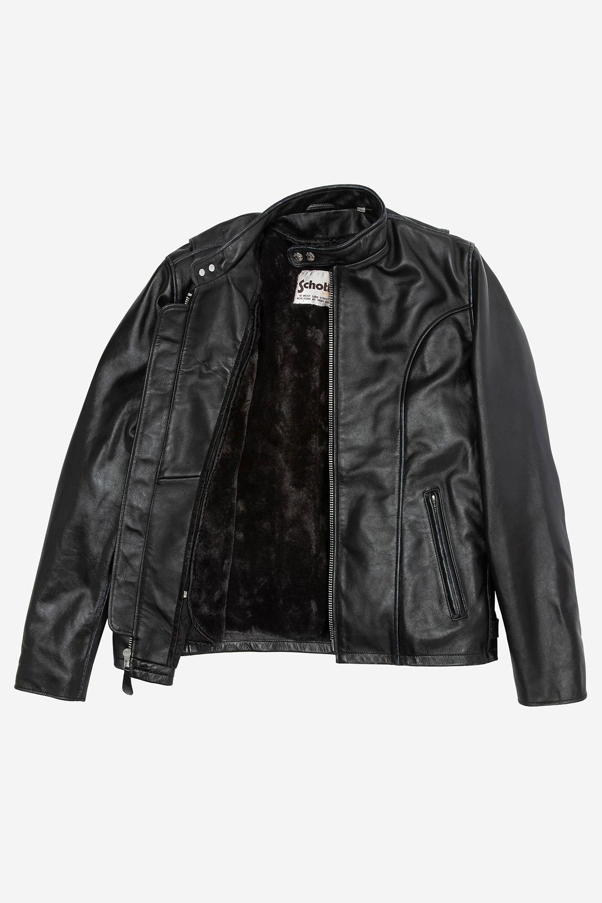 Thick black biker collar leather jacket - Image n°9