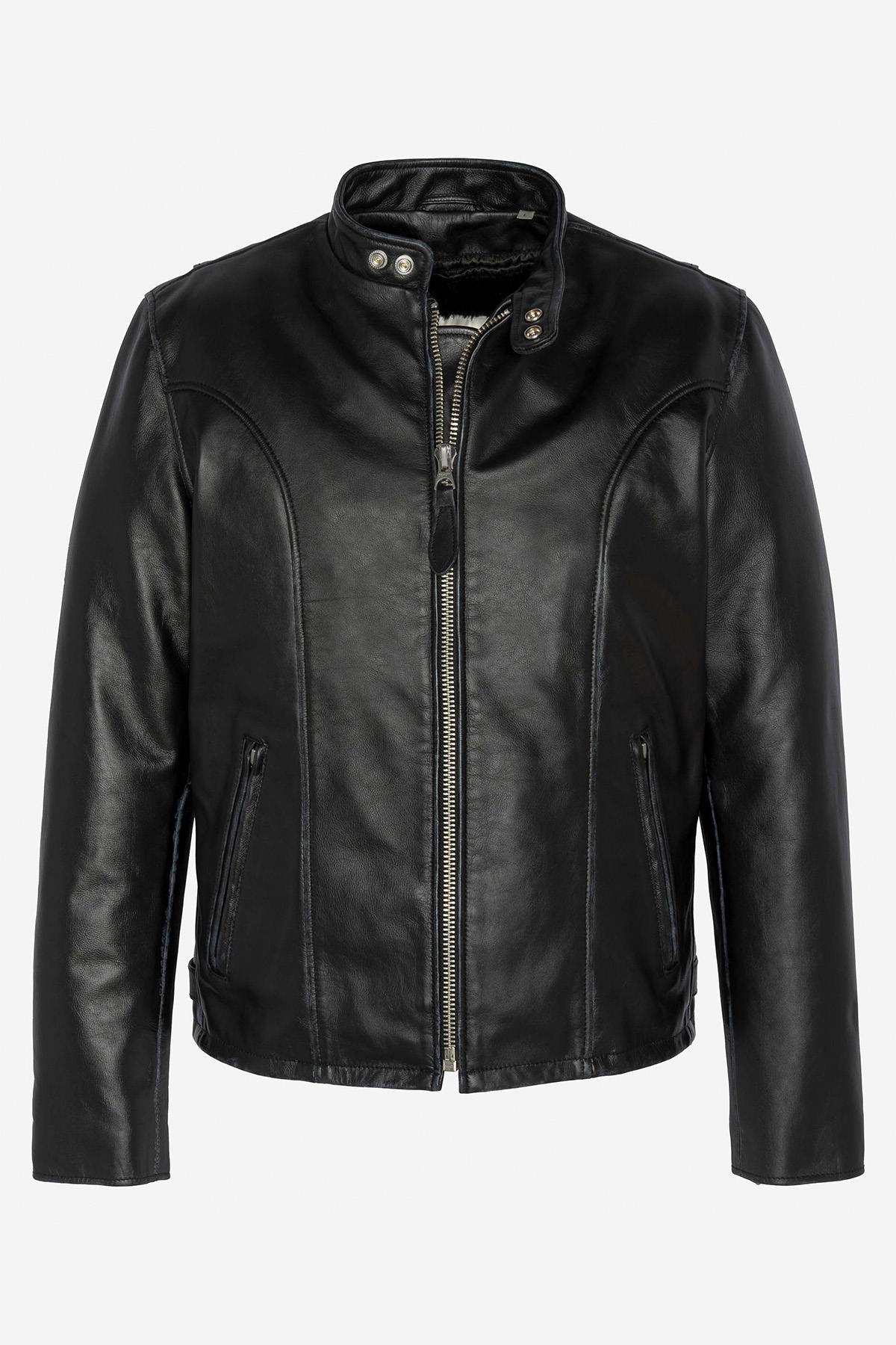 Thick black biker collar leather jacket - Image n°8