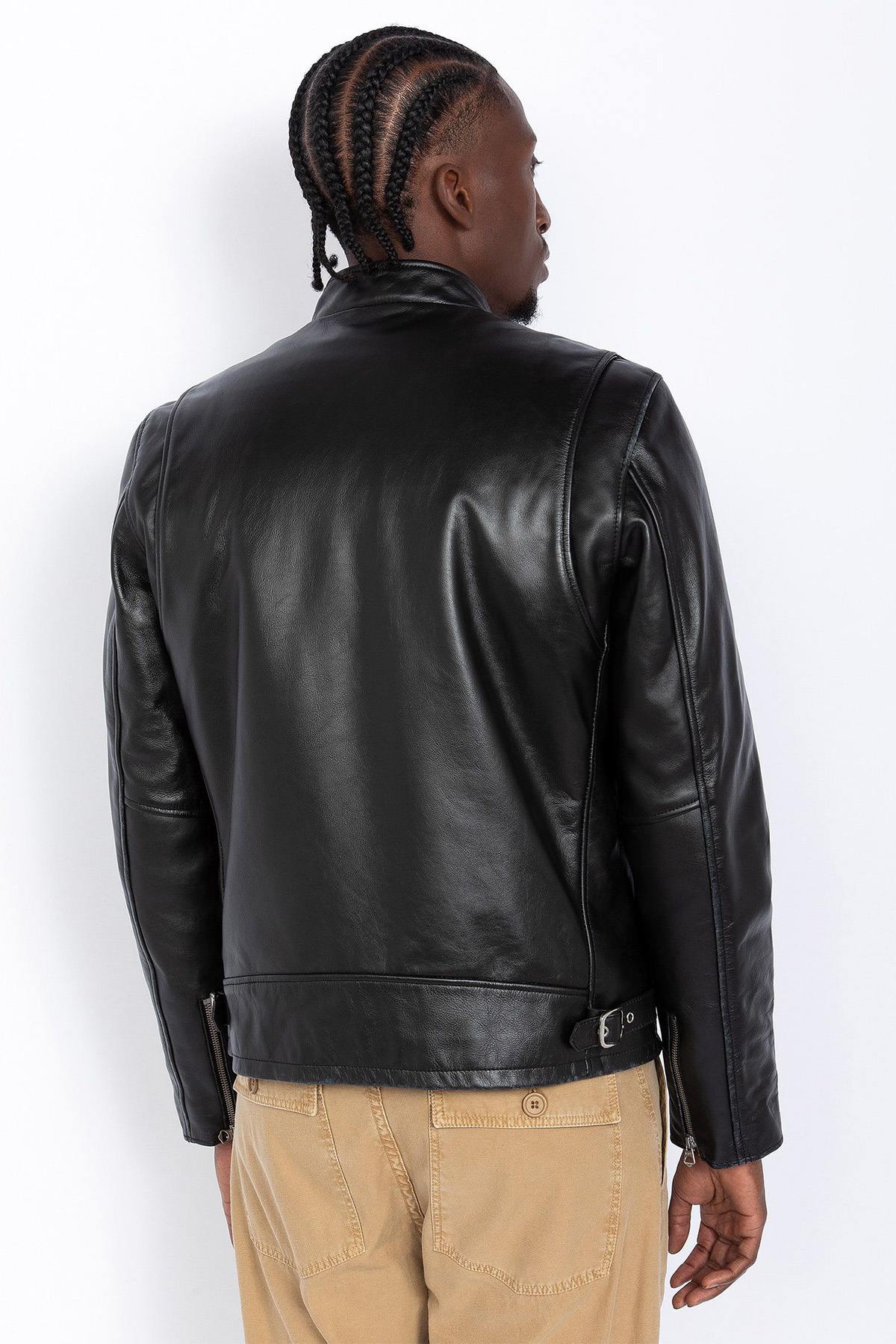 Thick black biker collar leather jacket - Image n°6