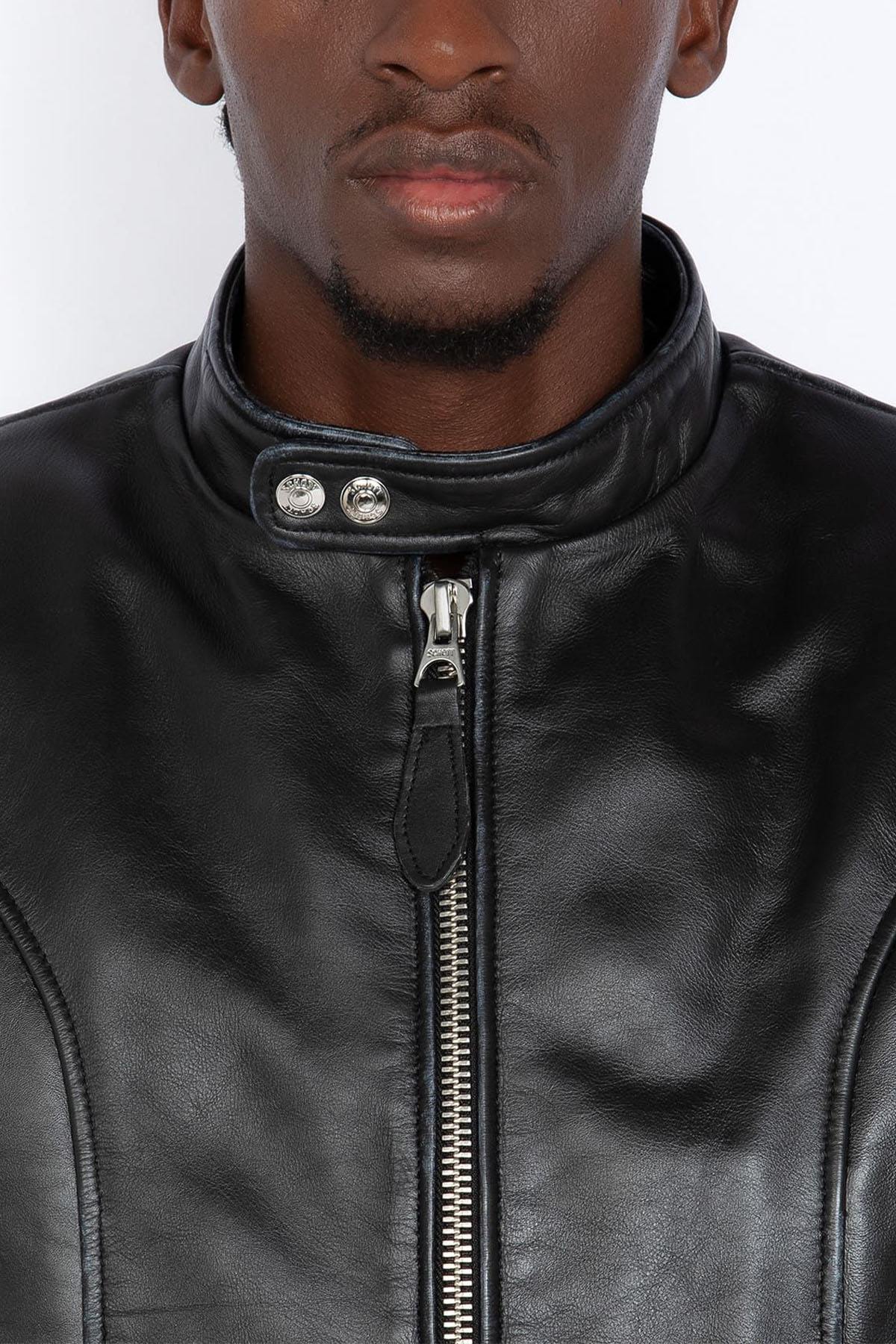 Thick black biker collar leather jacket - Image n°7