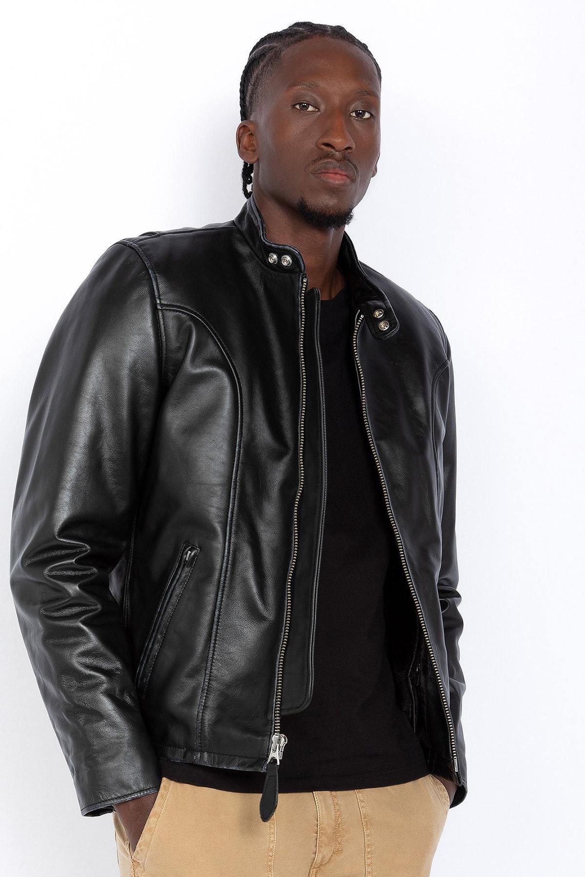 Thick black biker collar leather jacket - Image n°1