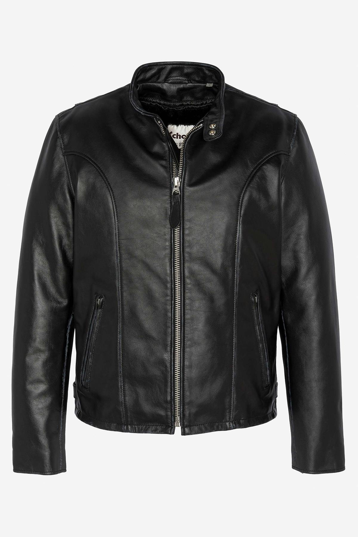 Thick black biker collar leather jacket - Image n°2