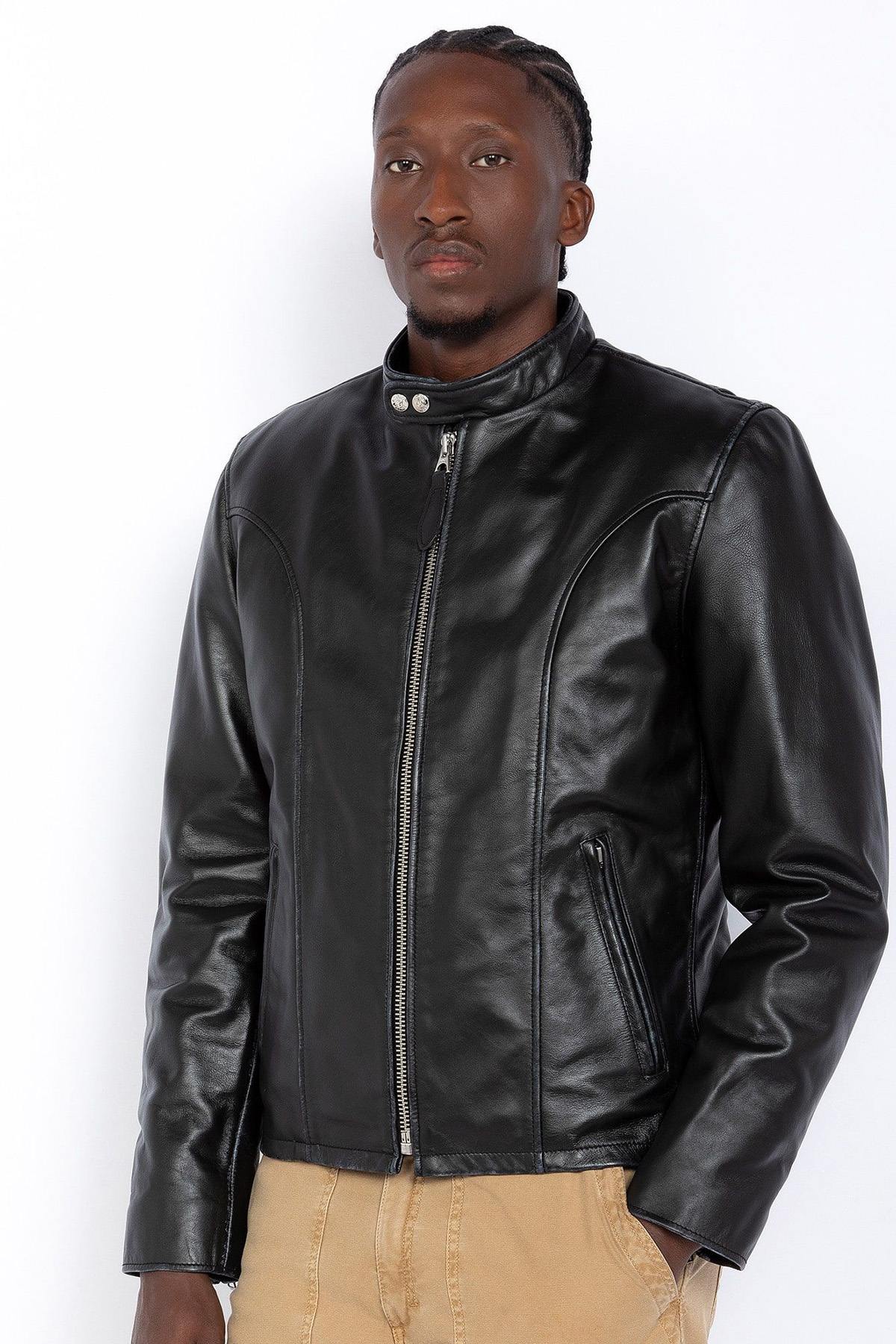 Thick black biker collar leather jacket - Image n°5