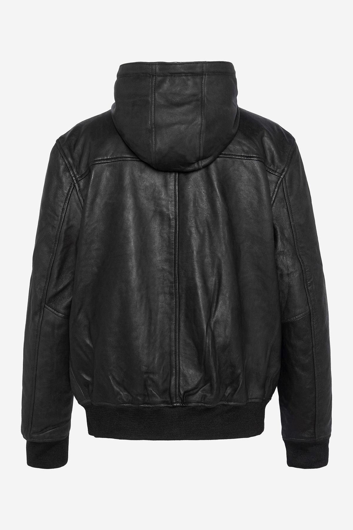 Black leather hooded jacket - Image n°4