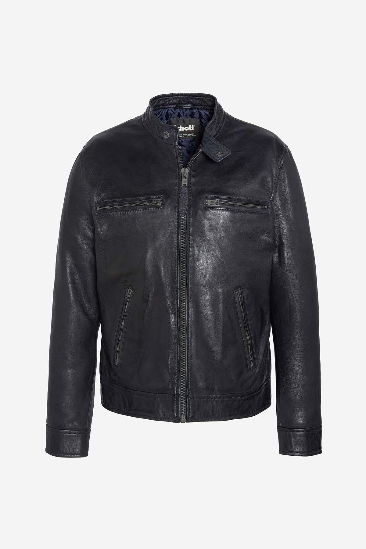 Navy lambskin biker jacket - Image n°3