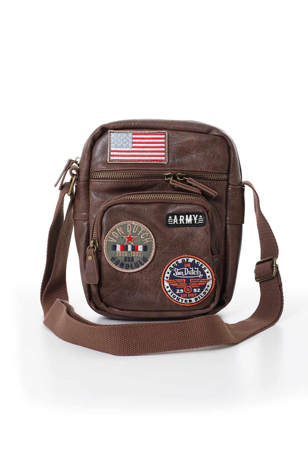 Brown faux leather bag with patches - Image n°1