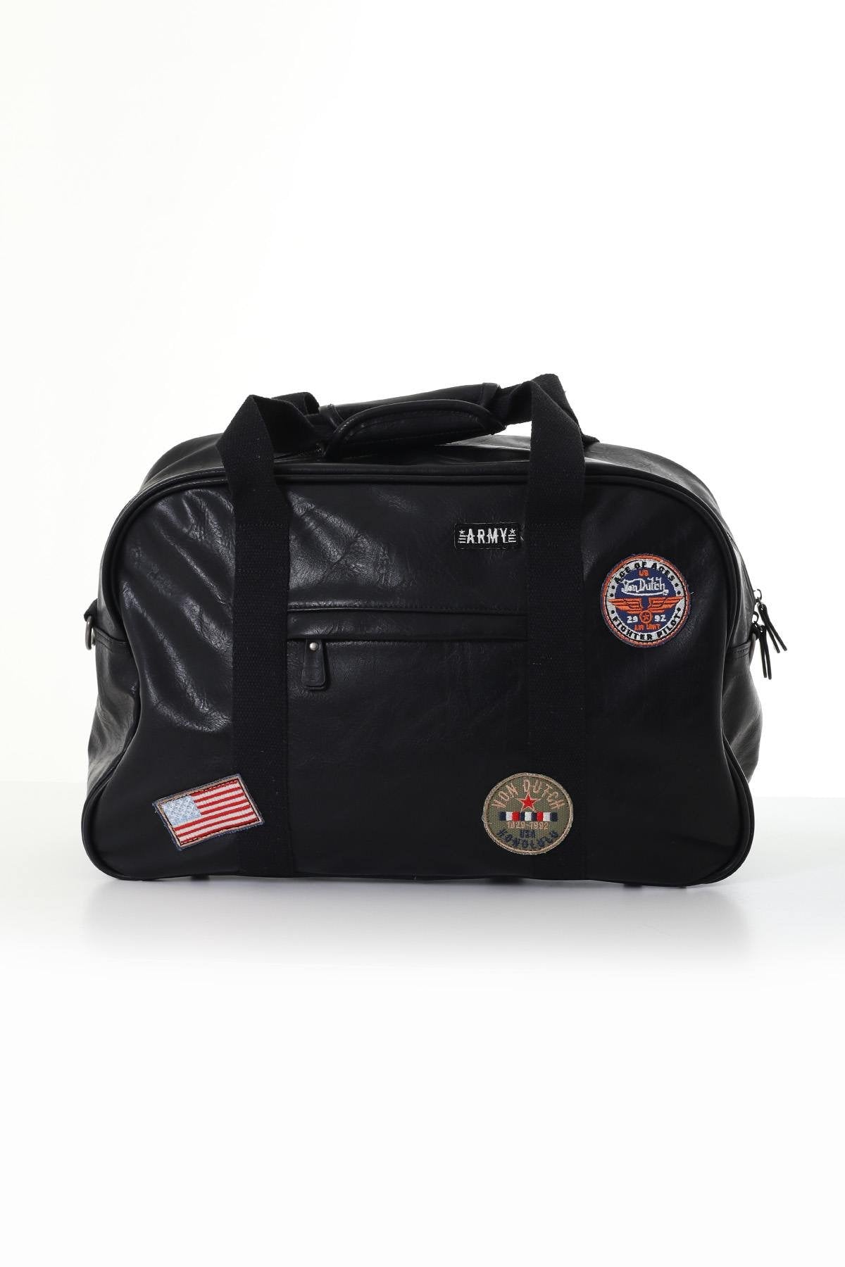 Black faux leather bag with patches - Image n°1