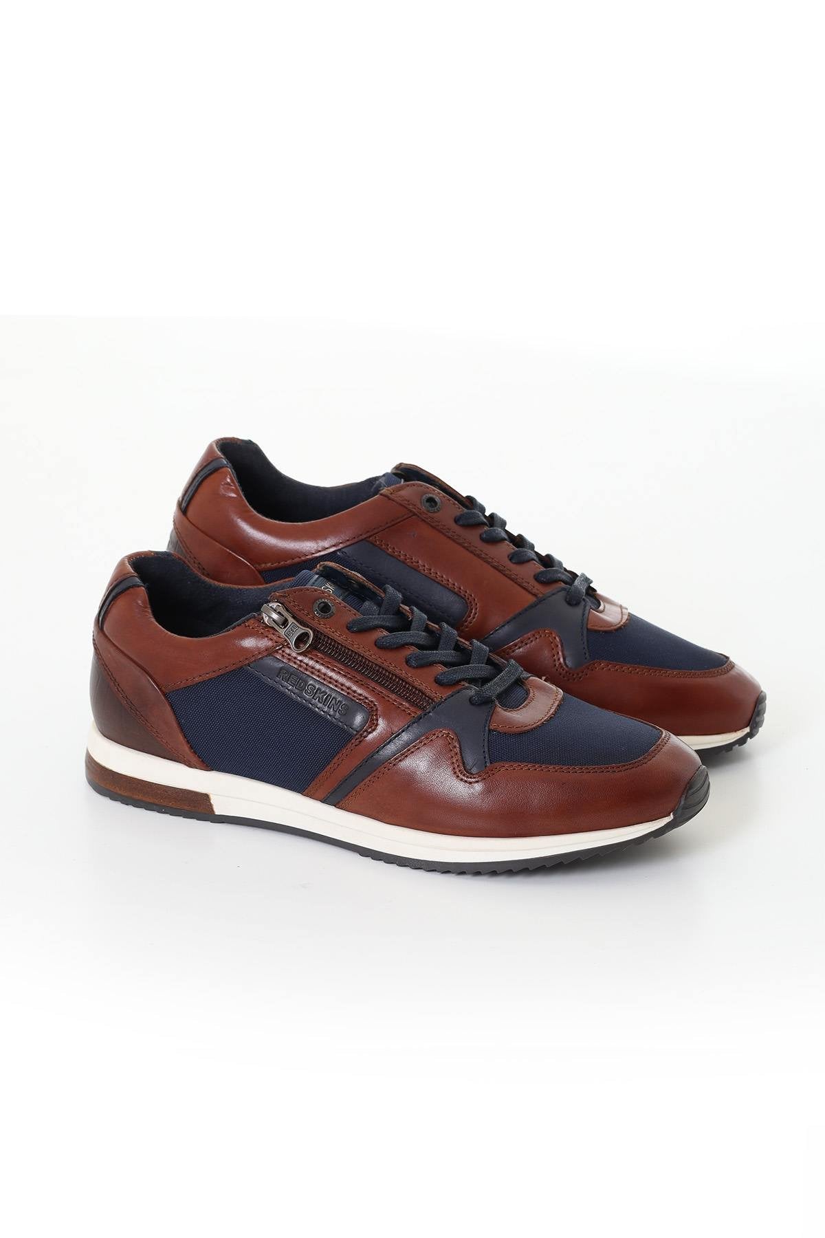 Cognac and navy leather sneakers - Image n°1