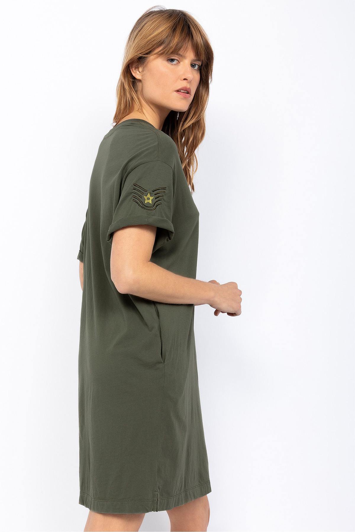 Khaki cotton t-shirt dress - Image n°3